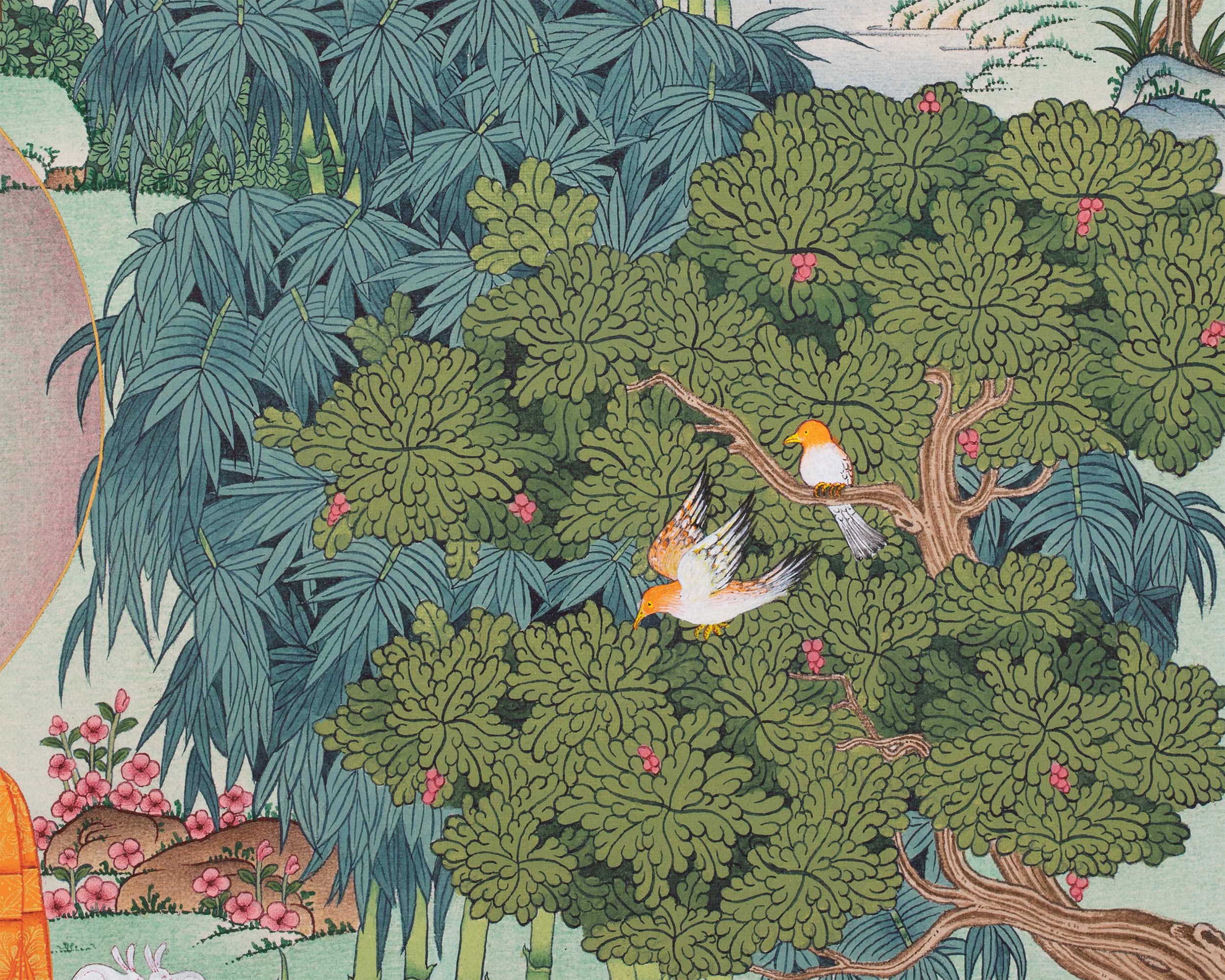 Rare Tibetan Buddha Shakyamuni Thangka Surrounded by Nature | A Vision of Enlightenment