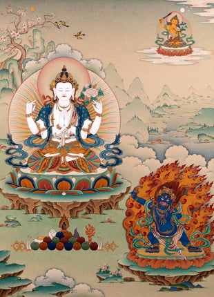Avalokiteshvara, Vajrapani & Manjushri, Tibetan Thangka Painting, Vajrayana Buddhist Art