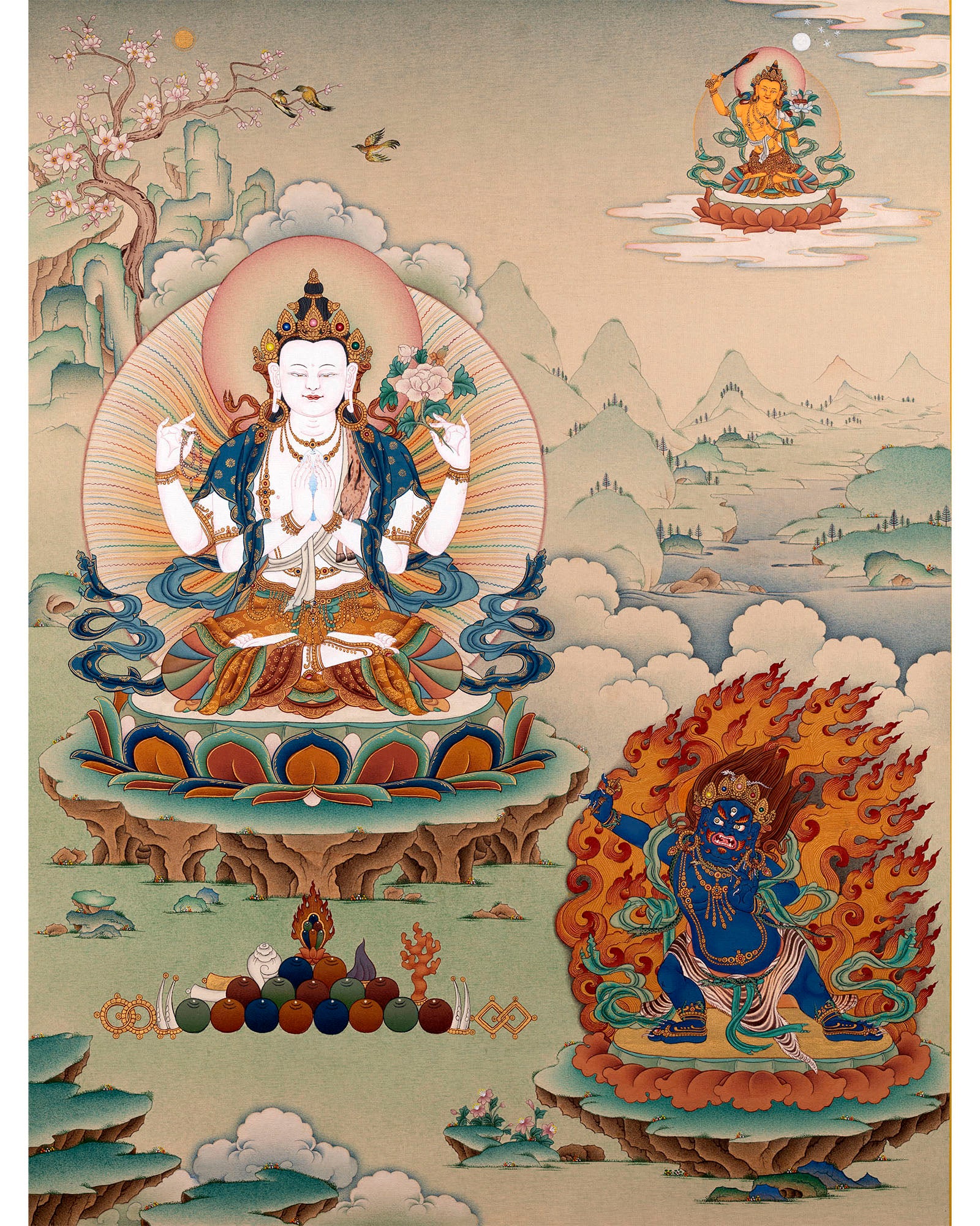 Avalokiteshvara, Vajrapani & Manjushri, Tibetan Thangka Painting, Vajrayana Buddhist Art