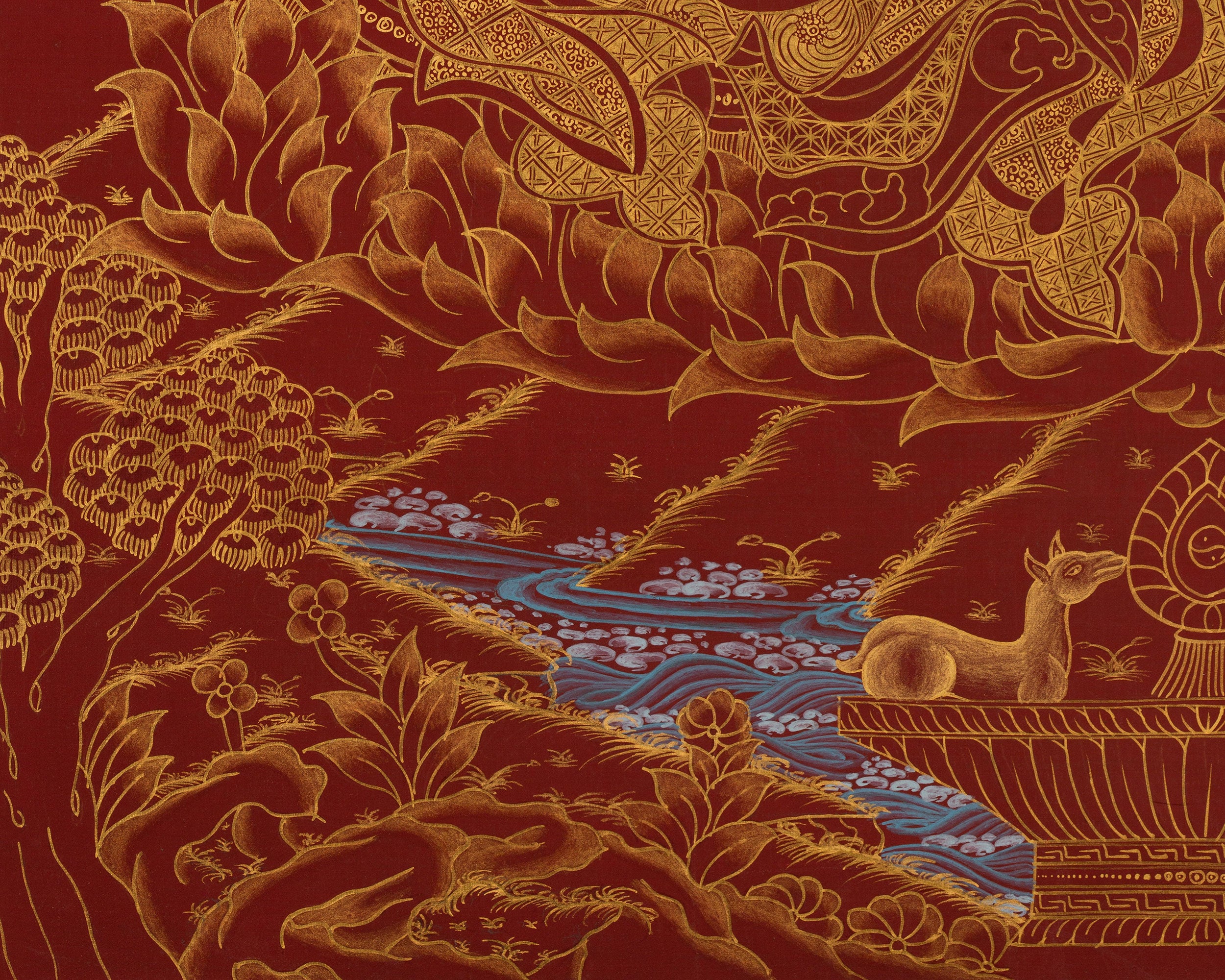 Lotus Born Guru Rinpoche Thangka | Buddhist Master in Red and Gold