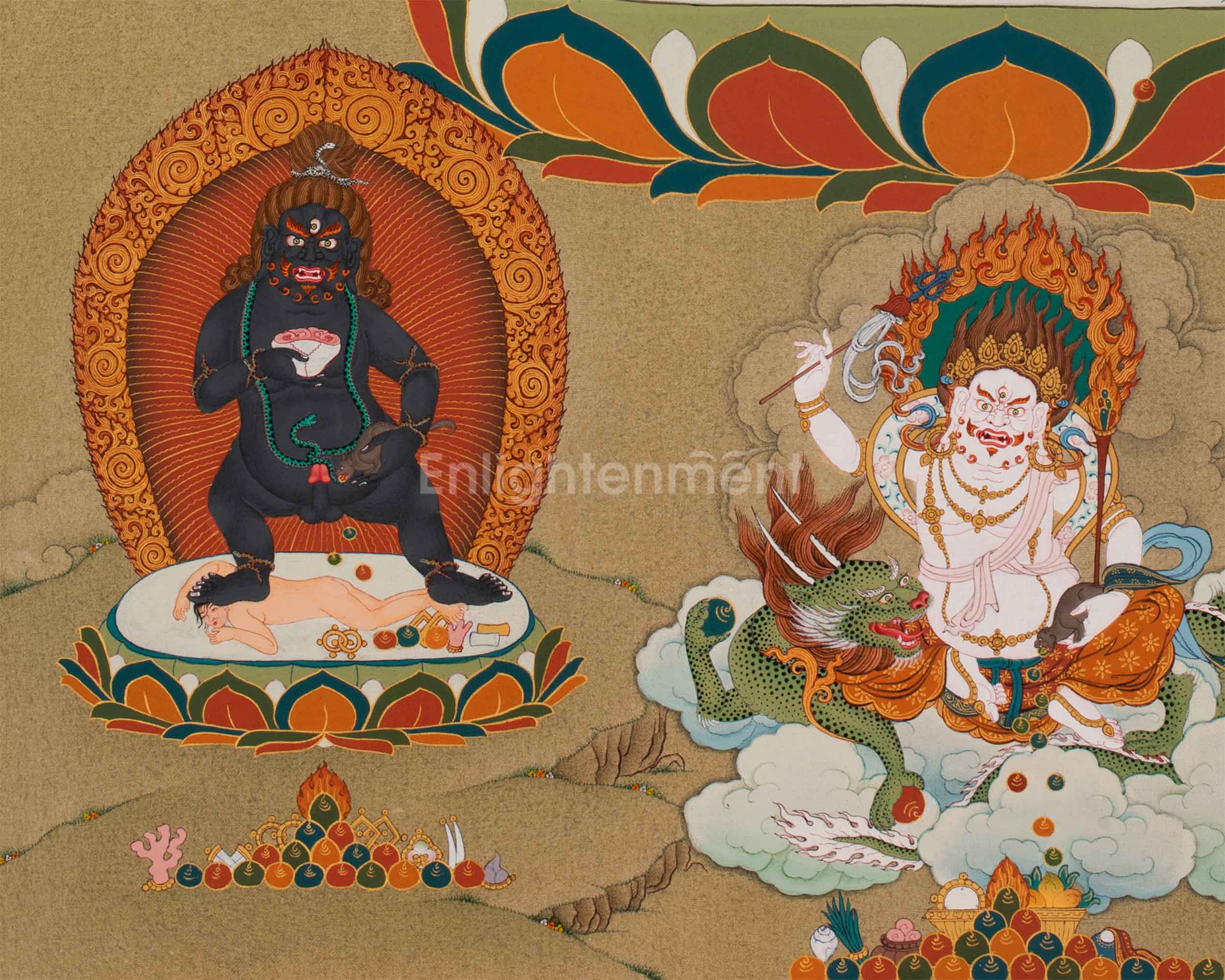 The Five Dzambhala Thangka - A Tapestry of Wealth and Abundance | Buddhist Wealth Deity Canvas