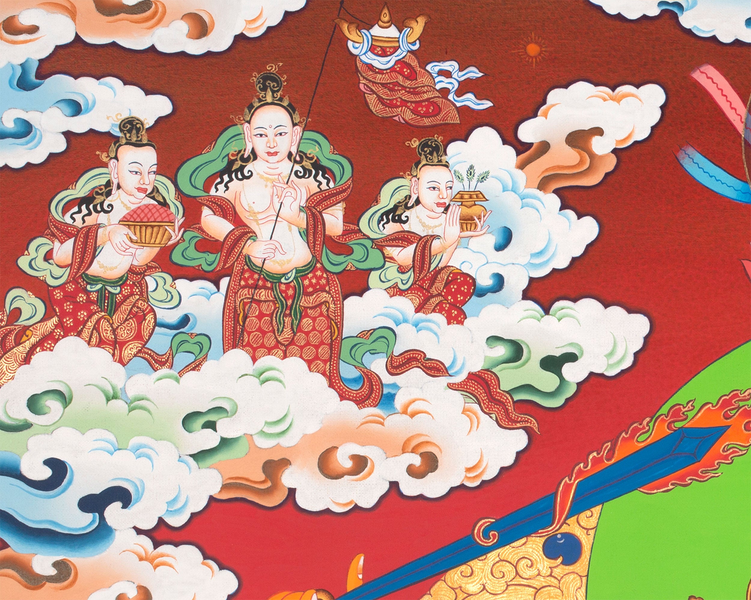 Sacred Manjushri Tibetan Thangka | Wisdom Deity on Vibrant Red Canvas