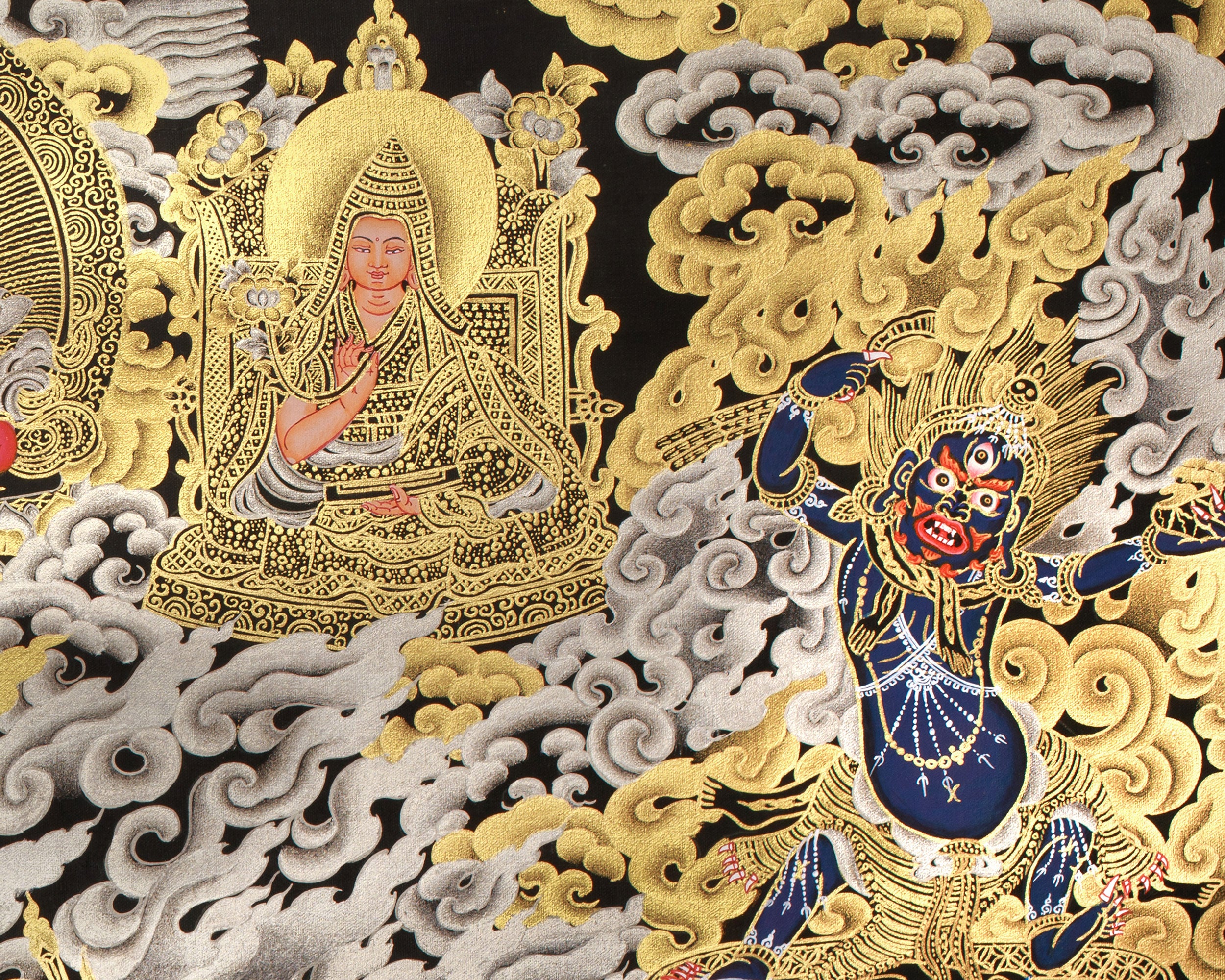 Wrathful Mahakala with Dharma Protectors | Divine Guardian Thangka | Gold and Silver on Black Canvas