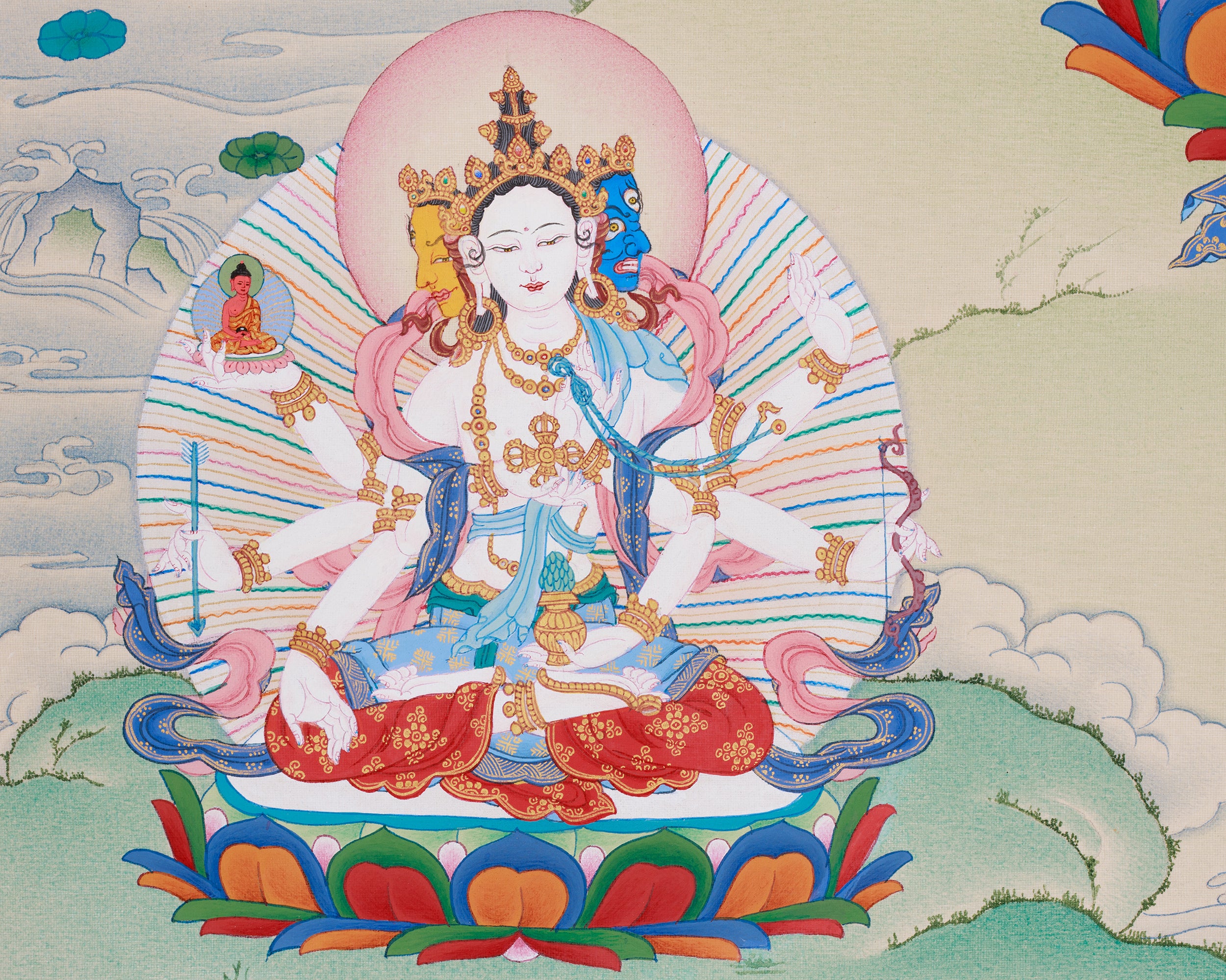 Thangka of Long-Life Deities: White Tara, Amitayus Buddha, and Namgyalma | Symbols of Protection
