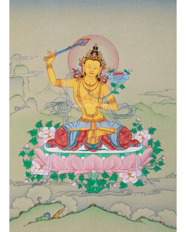 Manjushri: Detailed Small Thangka with Lhasa Stone Colors