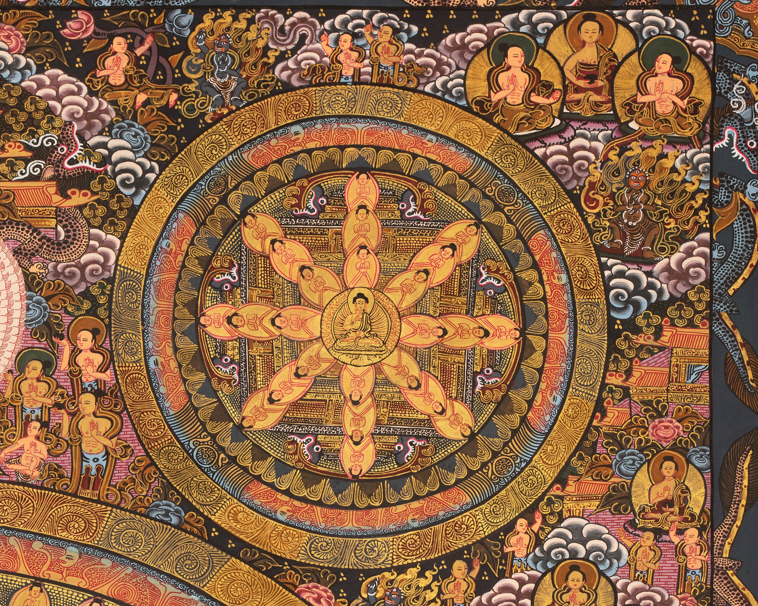 Detailed Buddha Mandala Thangka | Gold Adorned Buddhist Artwork