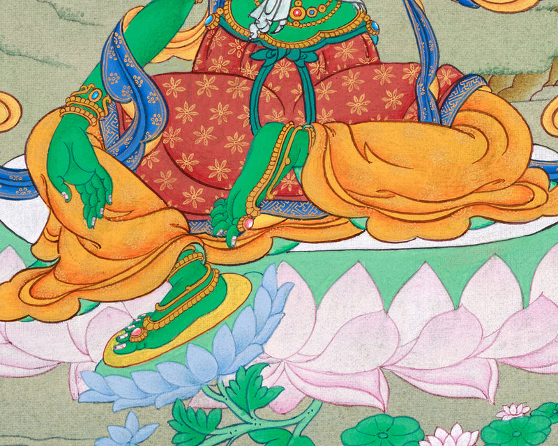 Tibetan Art of Small Green Tara on Cotton Canvas