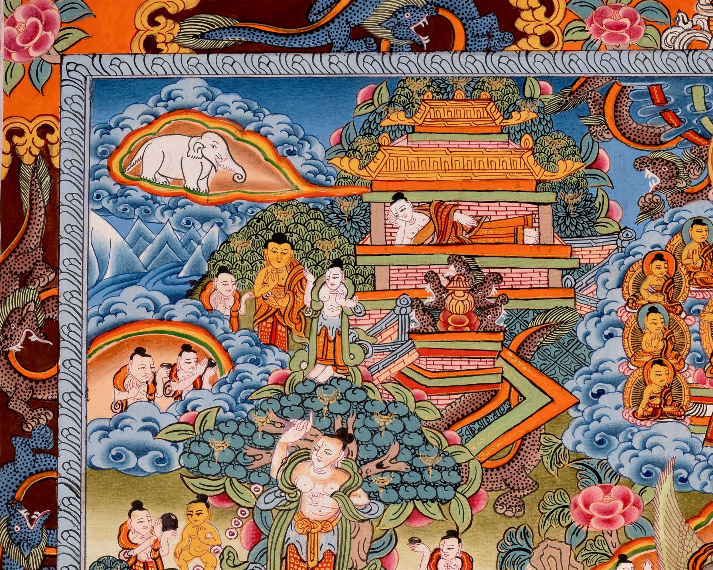 The Life Story of Shakyamuni Buddha Thangka | Journey From Birth to Enlightenment