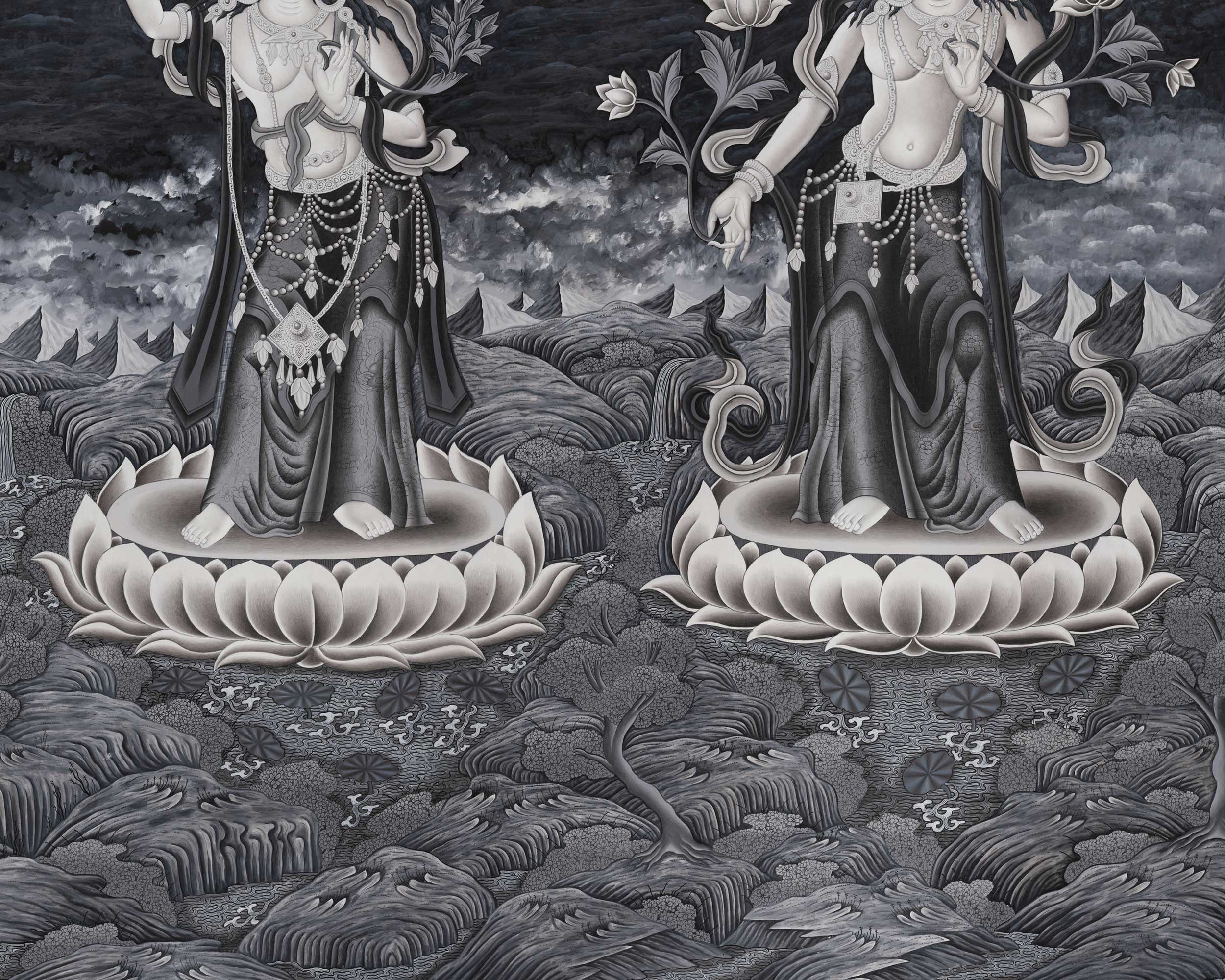 White Tara, Manjushri and Green Tara Standing Thangka Print | Newari Style Print