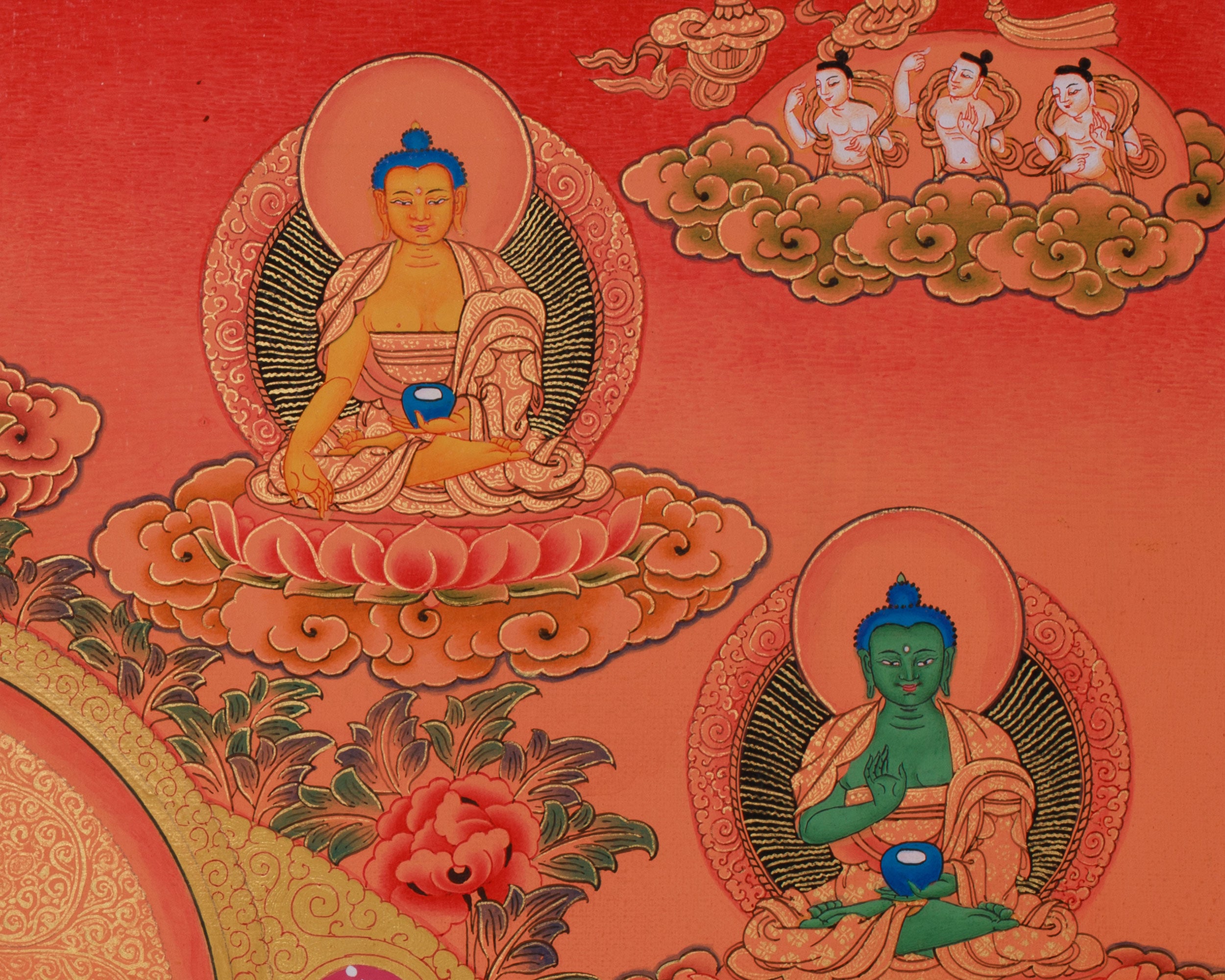 Manjushri with Five Buddhas & Bodhisattvas |  Sacred Thangka of Wisdom and Enlightened Energy