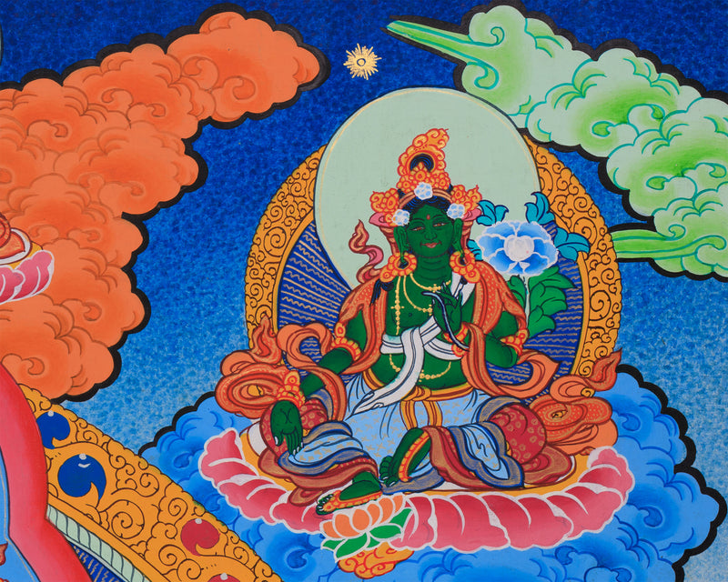 1000-Armed Avalokiteshvara Flanked Tara, Amitabha Buddha, Manjushri, and Vajrapani | Bodhisattva Chenrezig Artwork