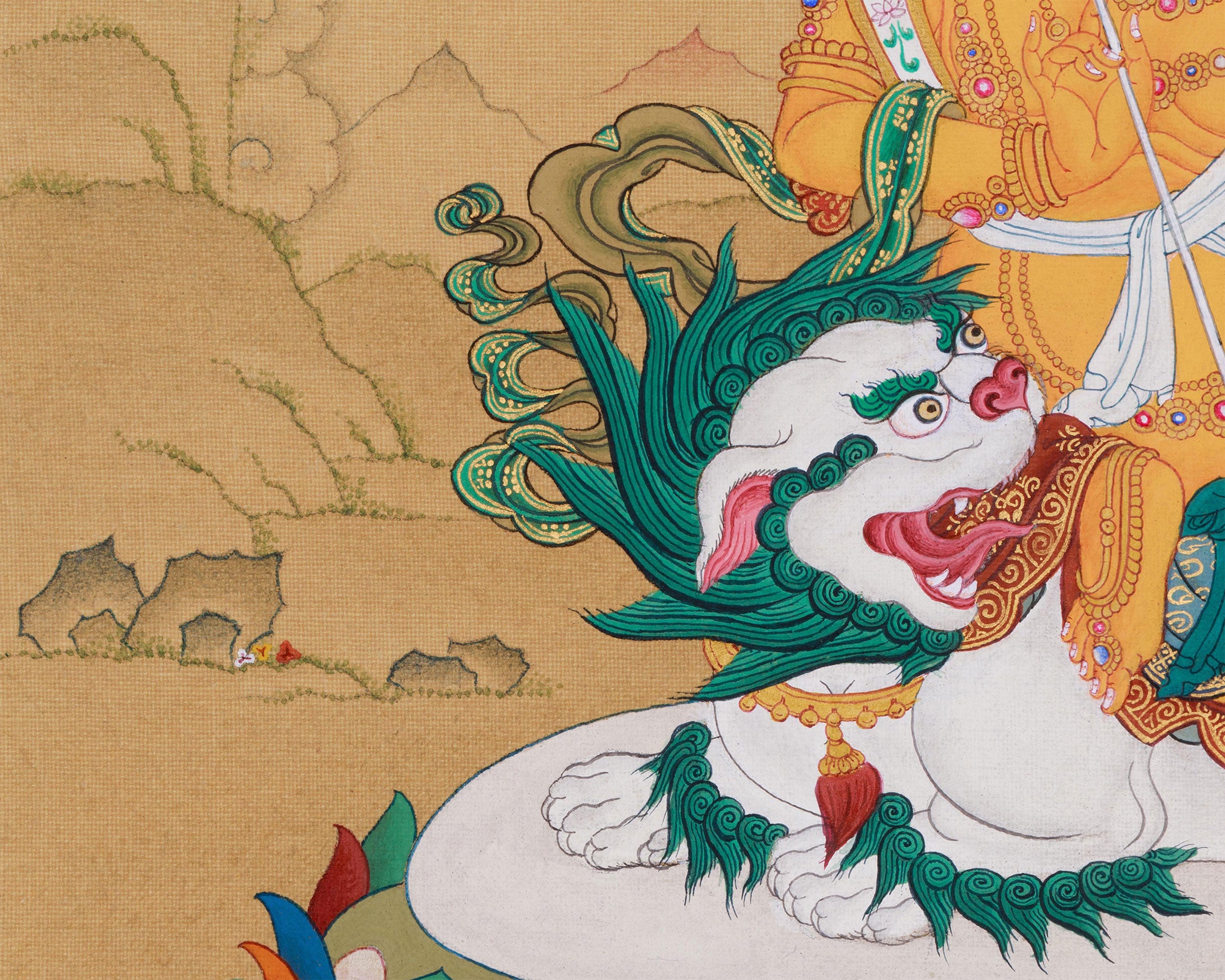 Powerful Namtoshe with Ratnasambhava Thangka | Protector Deity on Snow Lion