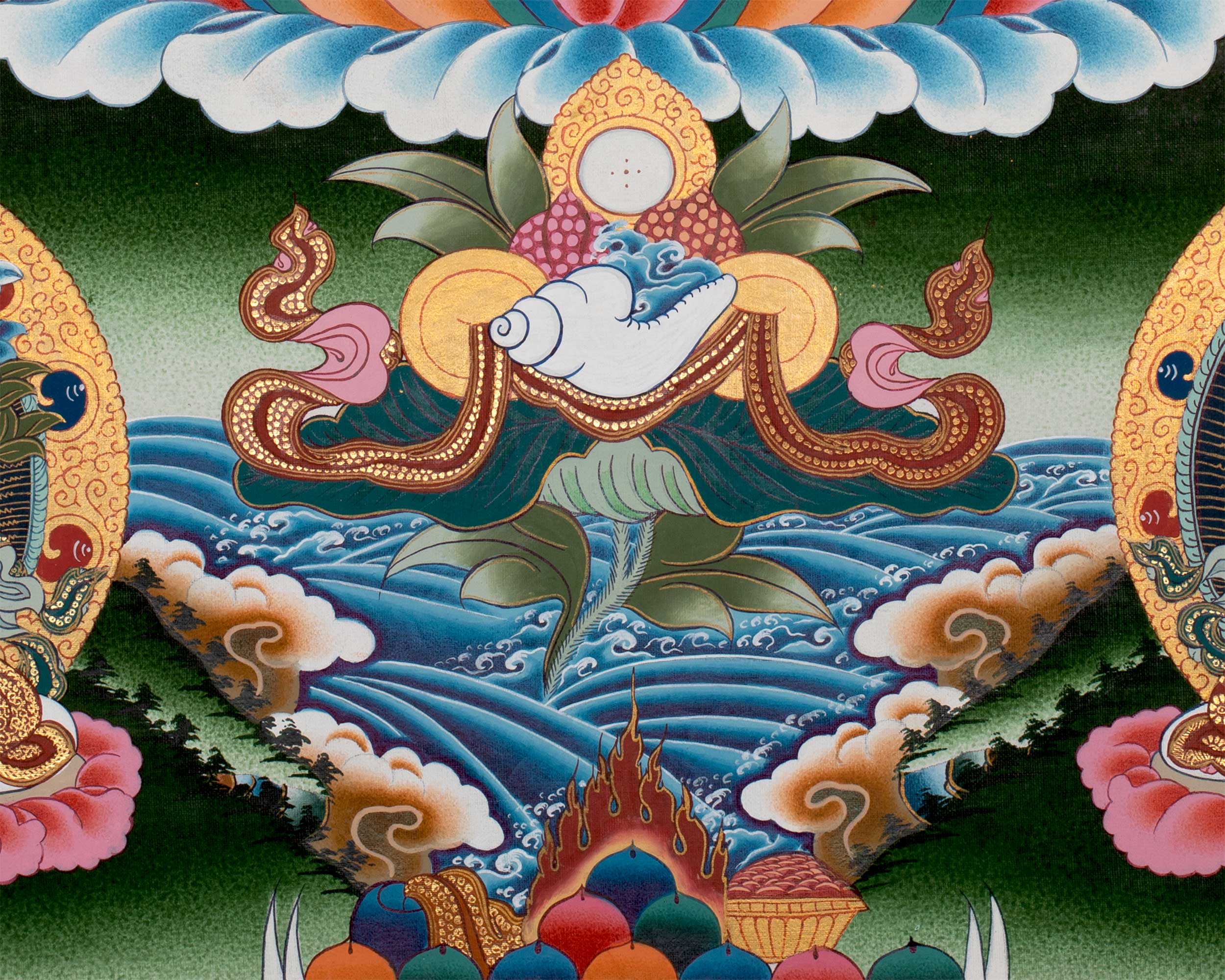 Maitreya Buddha Thangka Featuring Tsongkhapa, Guru Rinpoche, Green Tara & White Tara