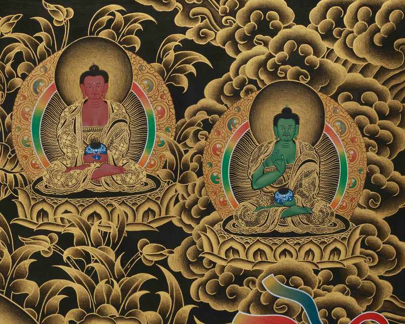 Gold Thangka of Shakyamuni Buddha | Five Dhyani Buddhas With Two Disciples