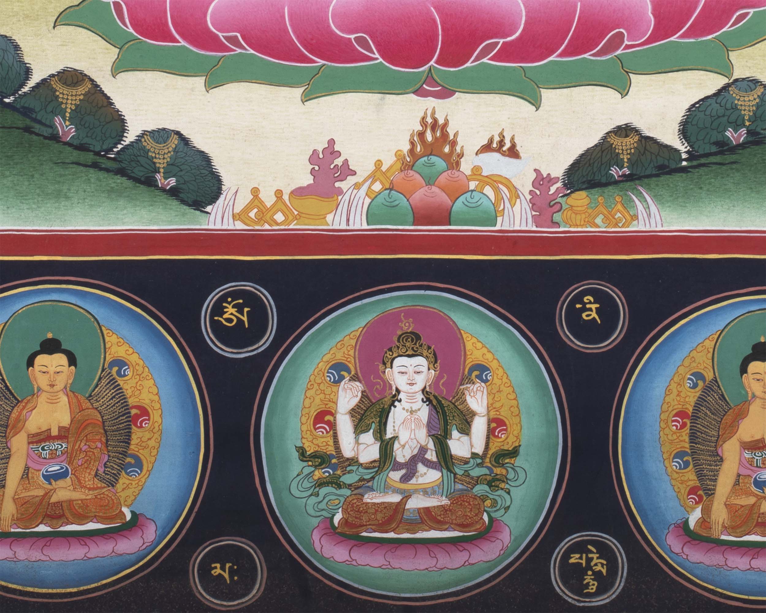 1000 Armed Chenrezig Thangka Print Surrounded by Celestial Deities | Traditional Buddhist Artwork