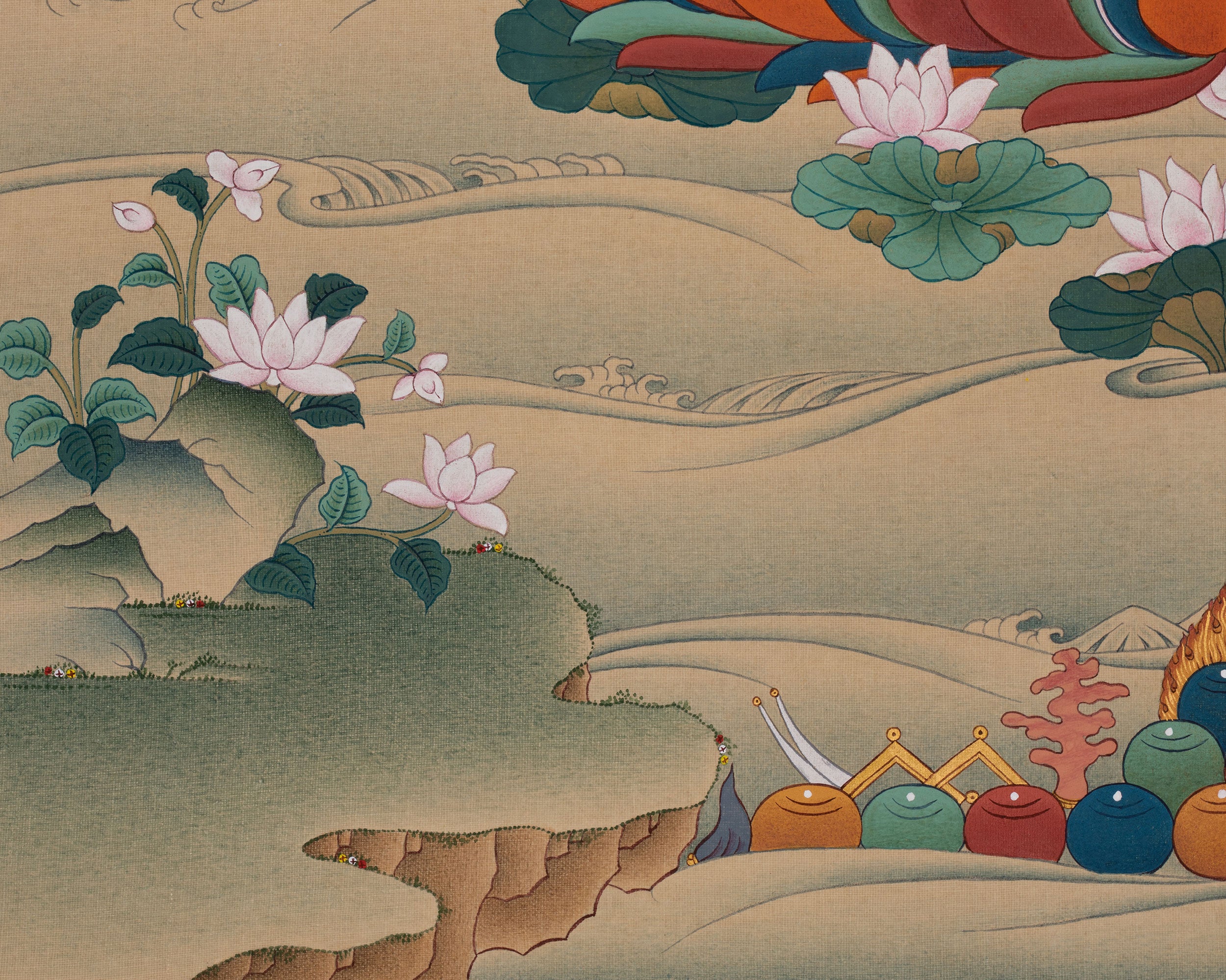 The Compassionate Buddha, Four Armed Chenresig Thangka | Exclusive Artwork with Lhasa Stone Hues