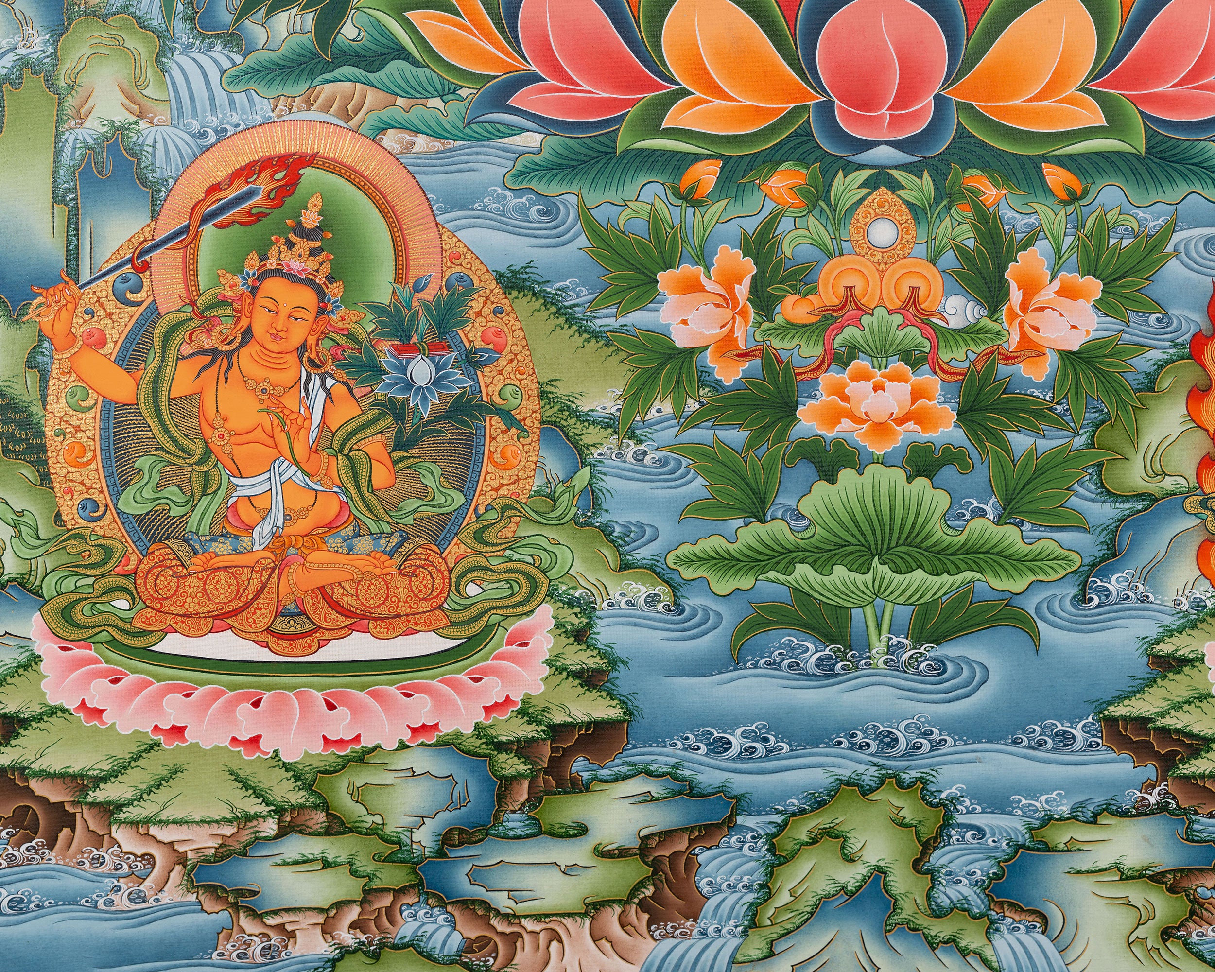 Divine Compassion in Eri Style: Avalokiteshvara Artwork with Amitabha Buddha, Manjushri and Vajrapani Figures
