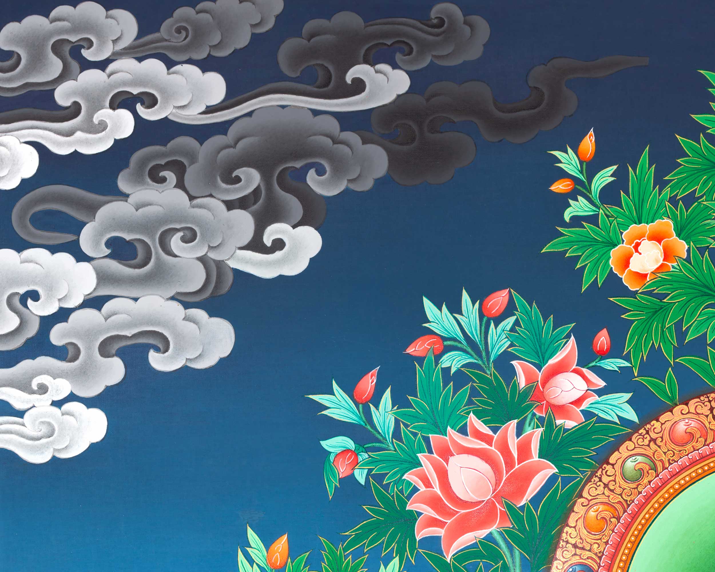 Amitabha Buddha with His Two Chief Disciples Thangka | The Buddha of Infinite Light