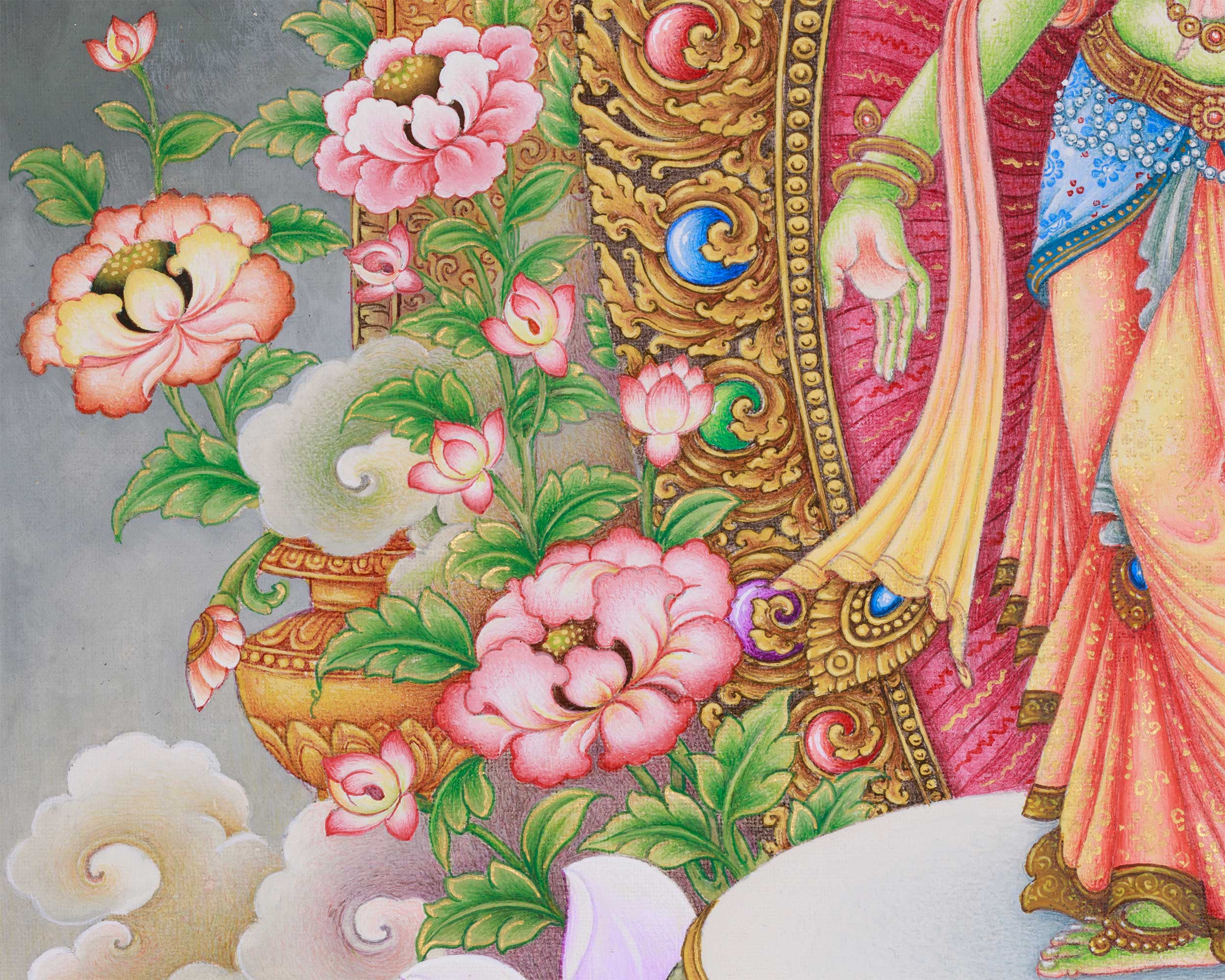 Paubha Masterpiece of Tibetan Goddess Standing Green Tara | Guardian of the Eight Fears
