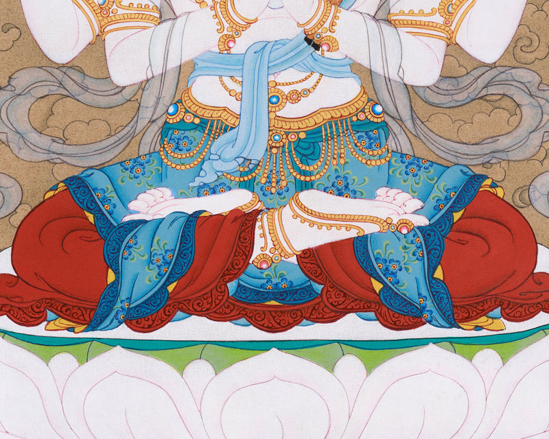 Serene Avalokiteshvara Thangka | Hand-Painted Four Armed Chenrezig Art