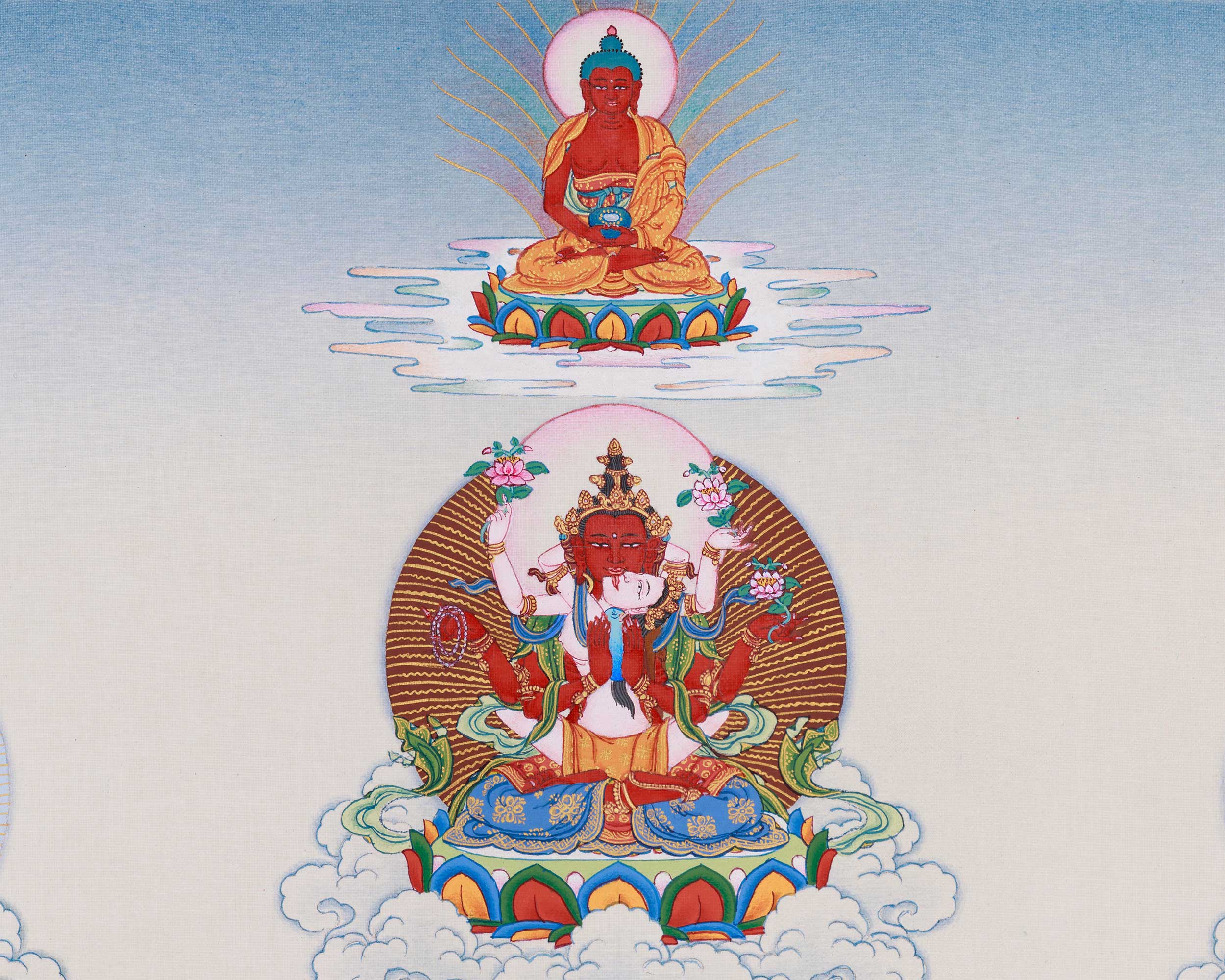 Tantric Form of Compassion, Gyalwa Gyasto | Red Chenrezig with Dakinis and Dhyani Buddhas