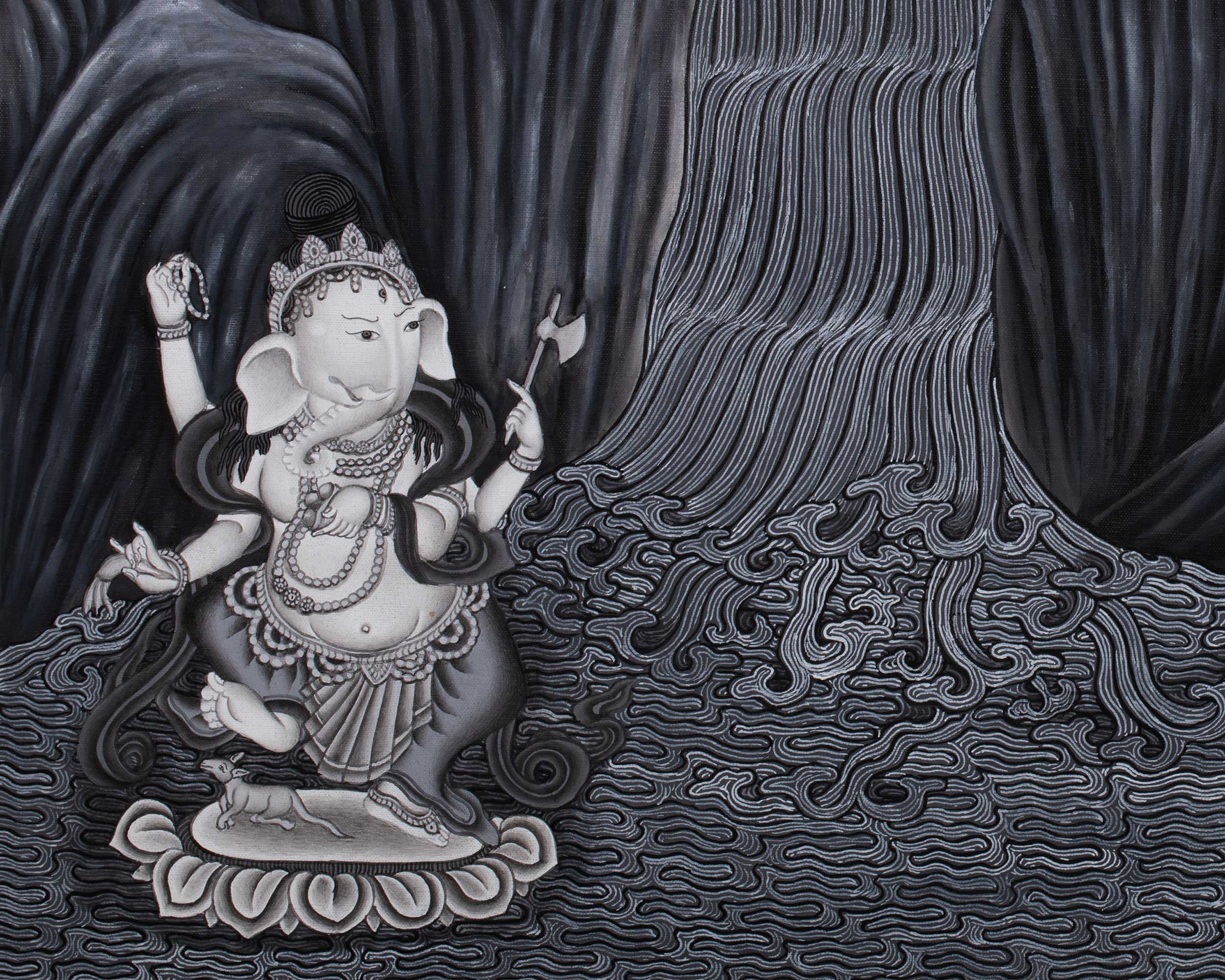 Boddhisattva Manjushree Thangka Creating Kathmandu Valley With The Self Born Light Swayambhu | Newari Style Black And White Wall Deco Art