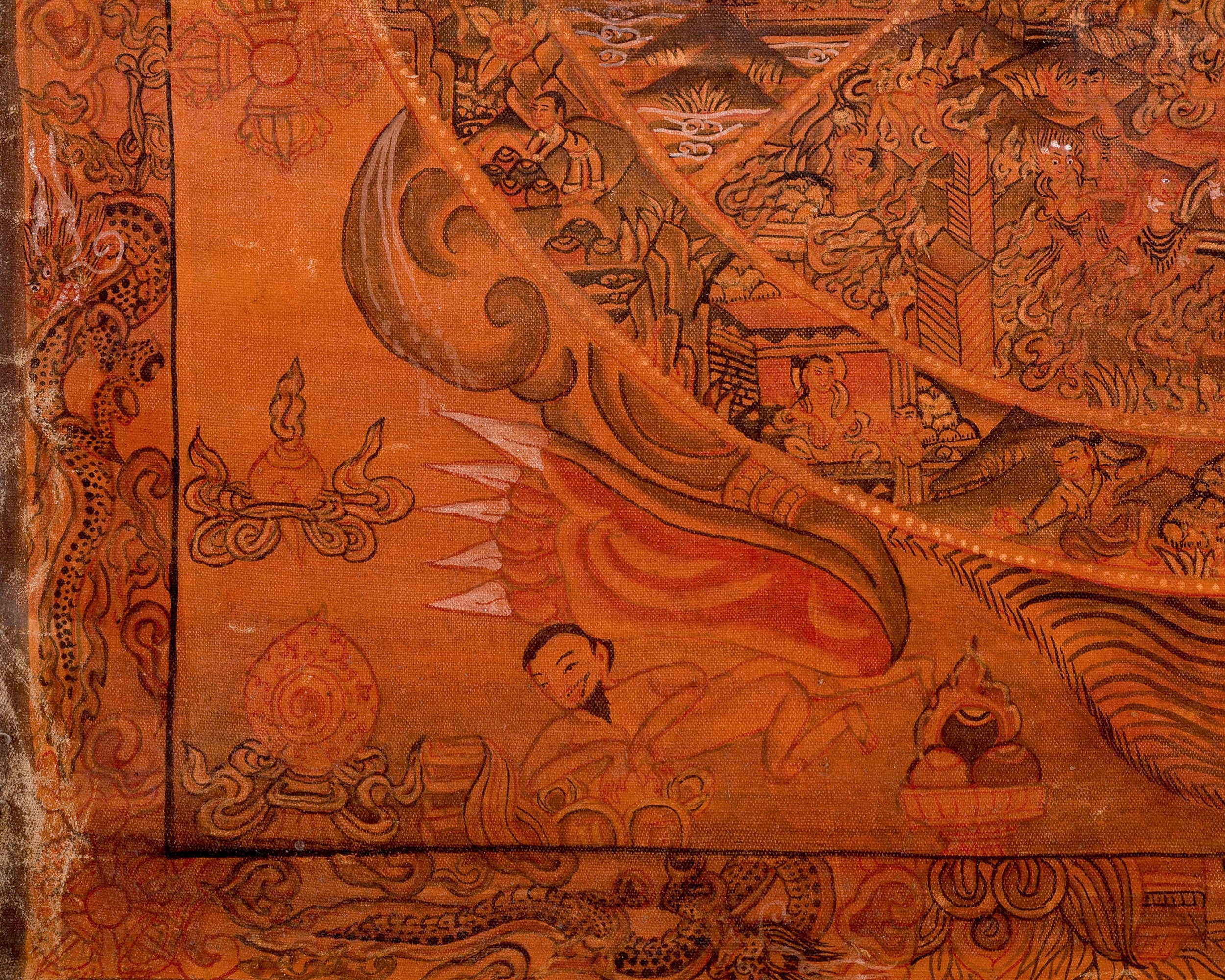 Vintage Wheel of Life Thangka | Oil Varnished Buddhist Painting of Samsara