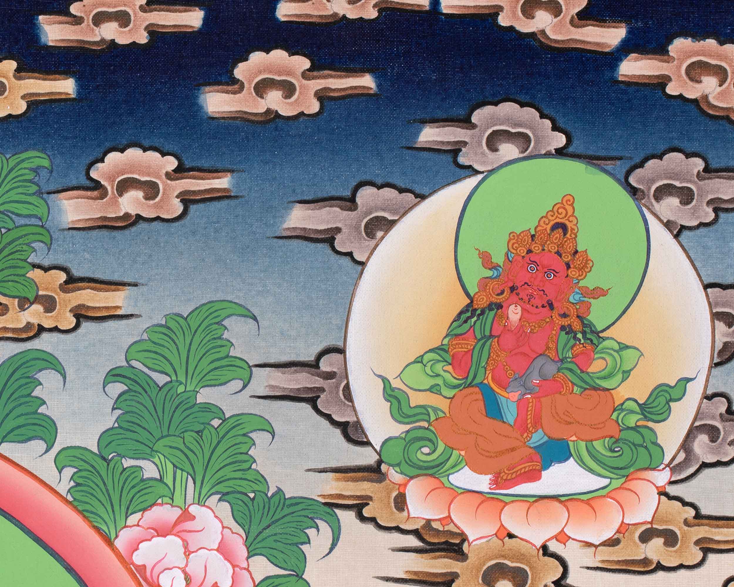 Five Dzambhalas Thangka | Featuring Amitabha Buddha | Hand-Painted on Cotton Canvas