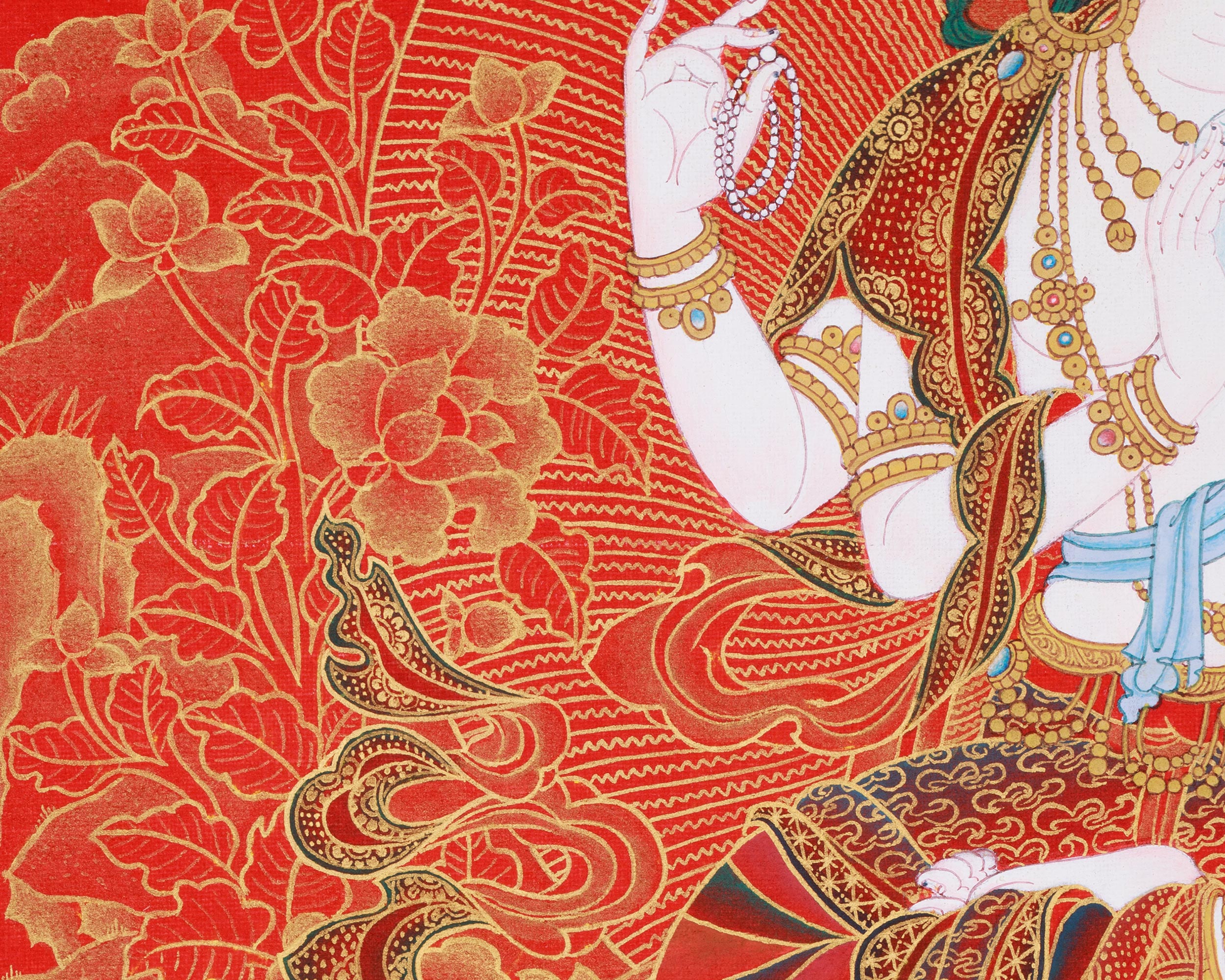 4 Arms Chenrezig Thangka | Nakthang Style with 24K Gold on Red Canvas