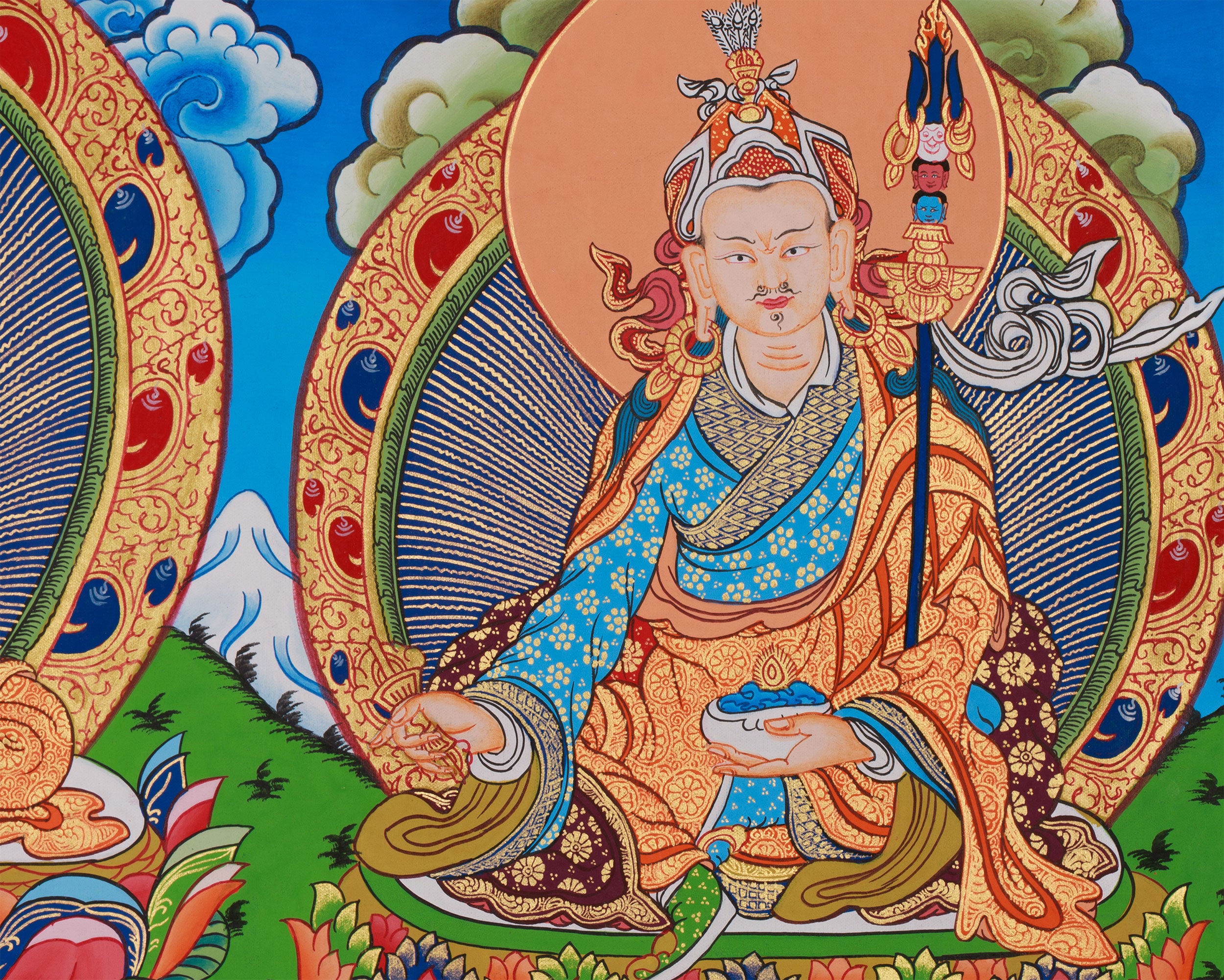 Traditional Buddha Shakyamuni Art | Enlightened One with Guru Rinpoche and Chenrezig