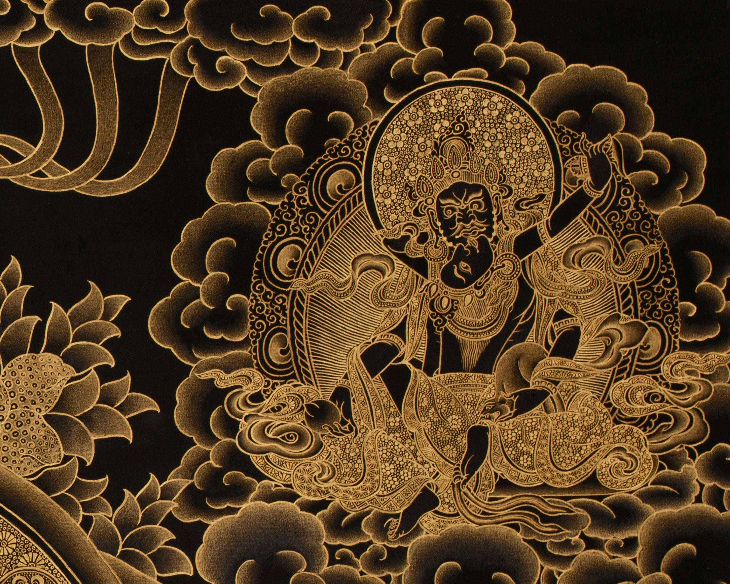 Gold on Black Five Dzambhalas Thangka | Hand-Painted Tibetan Wealth Deities
