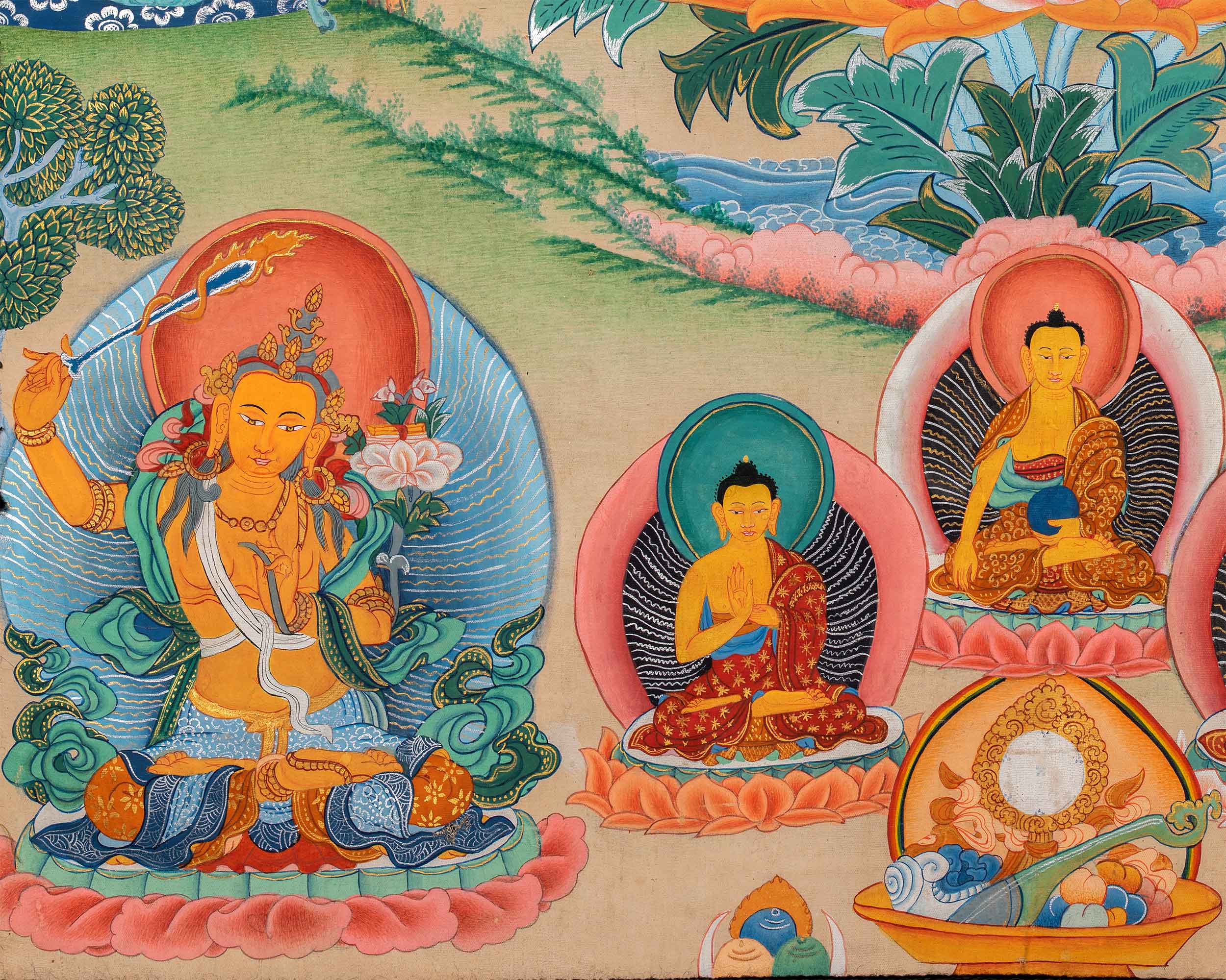 High-Quality Giclee Print For Chenrezig Prayer | Bodhisattva Of Compassion With Tara, Manjushri, Vajrapani & Buddhas