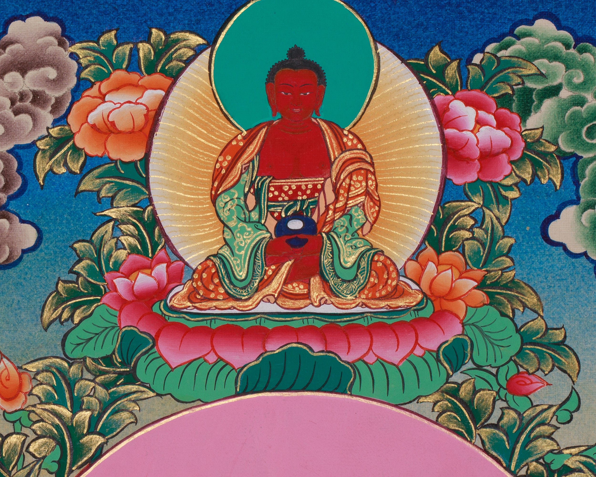 Chenrezig with Amitabha, Manjushri, and Vajrapani Thangka | Sacred Tibetan Art