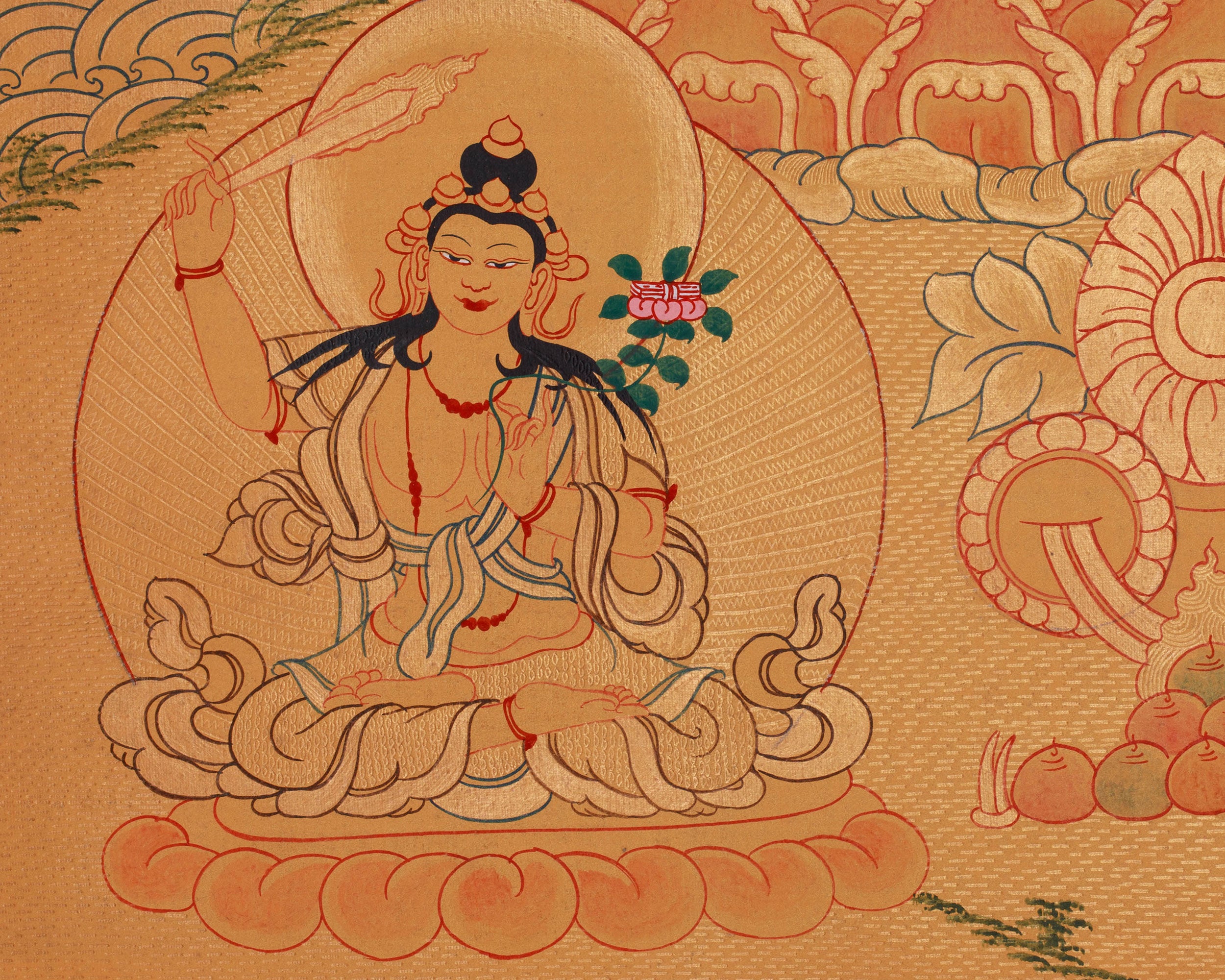 Four-Armed Chenrezig Compassion Thangka | Avalokiteshvara, Manjushri & Vajrpani Art | Meditation Altar