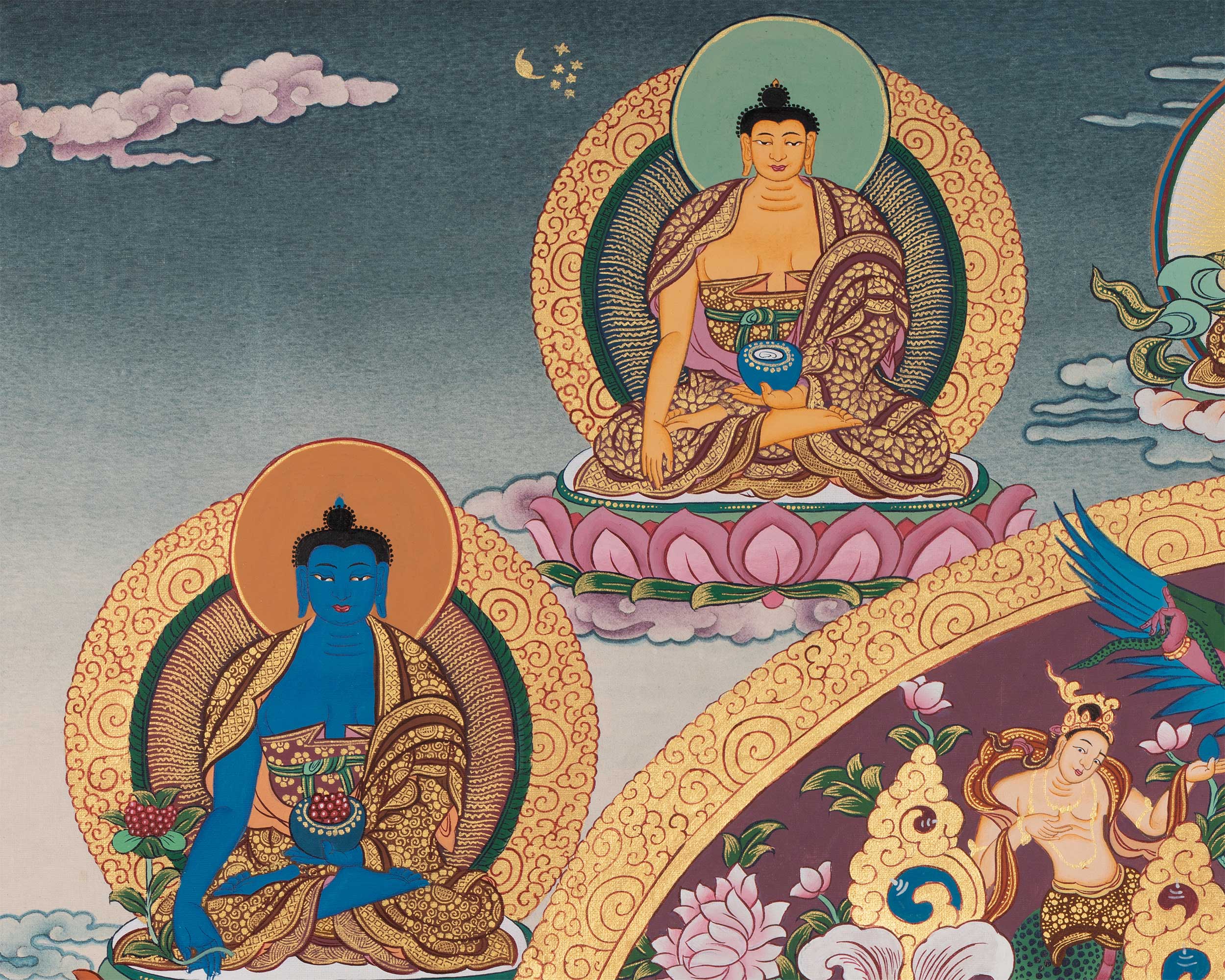 Enlightened One, Shakyamuni Buddha in Celestial Throne | Timeless Thangka Painting