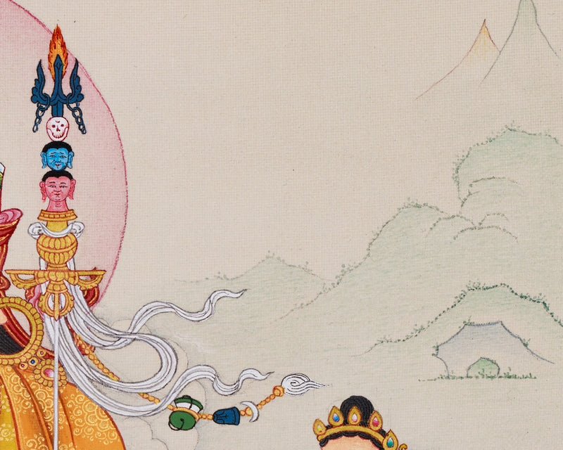 Guru Rinpoche with Consorts: Mandarva & Yeshe Tsogyal Thangka