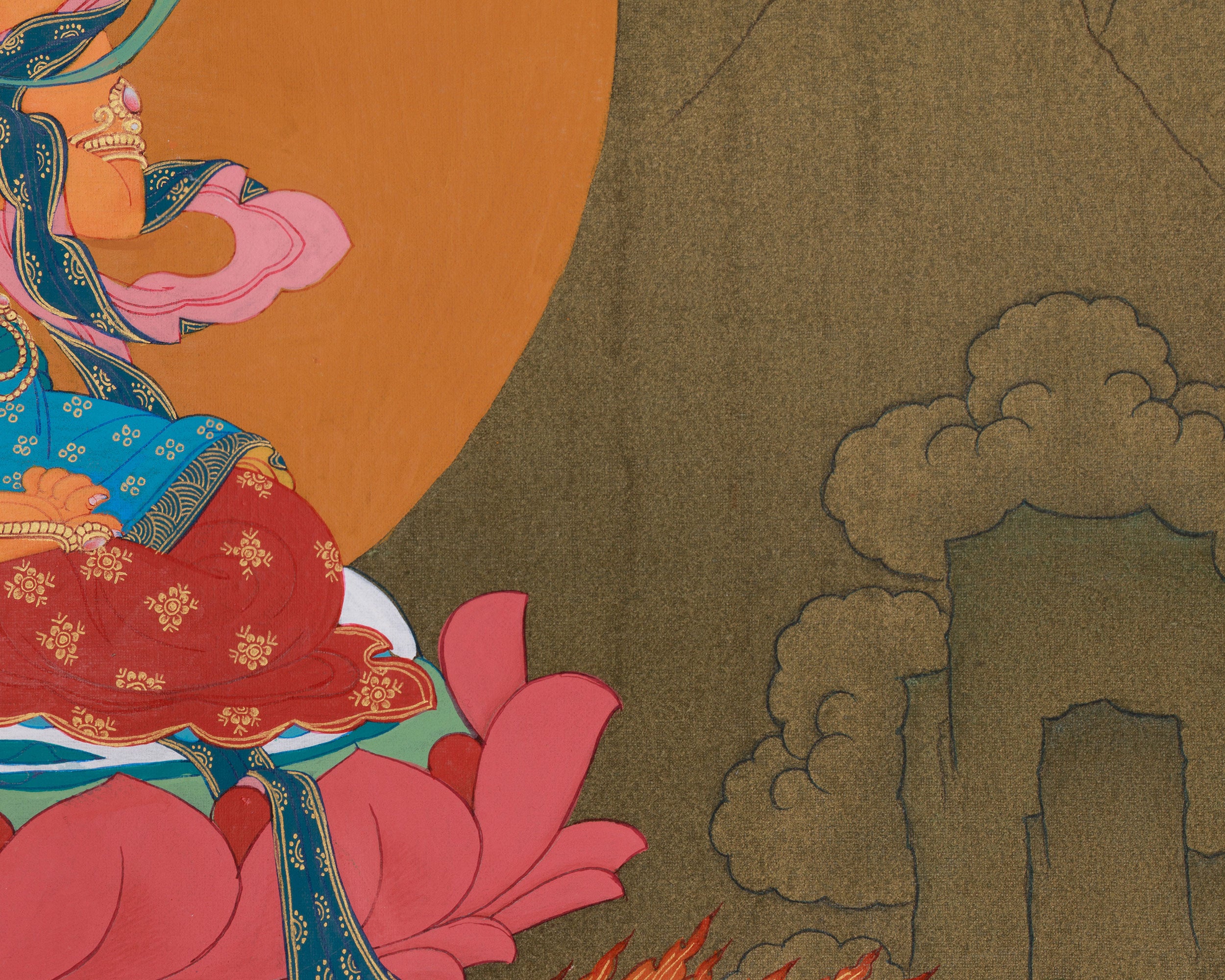 Tibetan Buddhist Manjushri with Chenrezig and Vajrapani | Thangka of Three Bodhisattvas