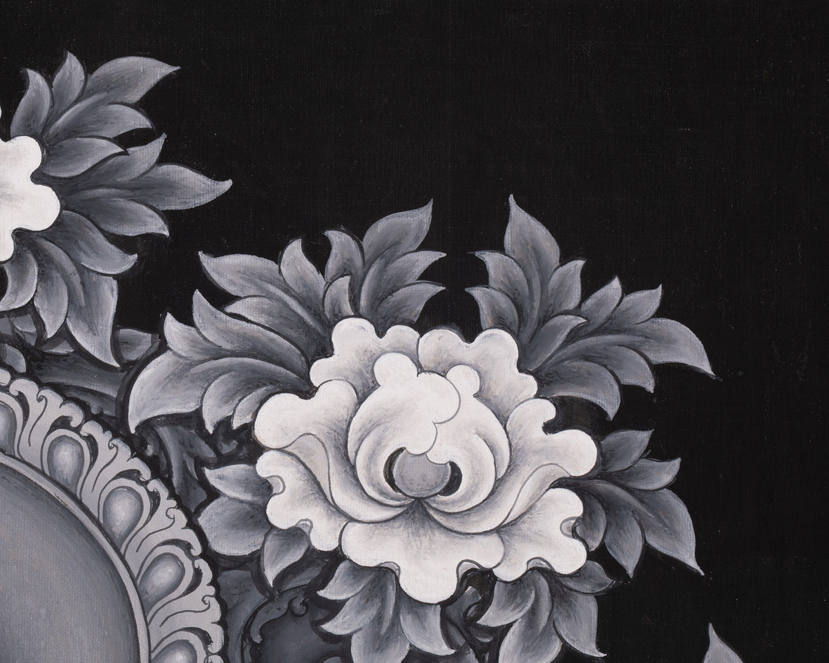 Black and White Bodhisattva Chenrezig Thangka | Avalokiteshvara Art | Compassion Deity