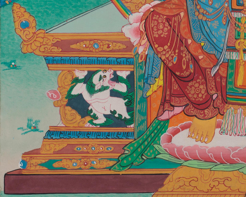 Future Buddha Maitreya Thangka | Sacred Art with Blue and Red Silk Brocade