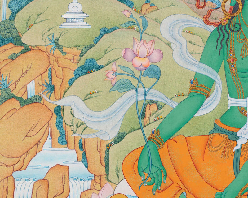 Buddhist Arya Tara Thangka Print | Green Tara Artwork | Goddess of Compassion