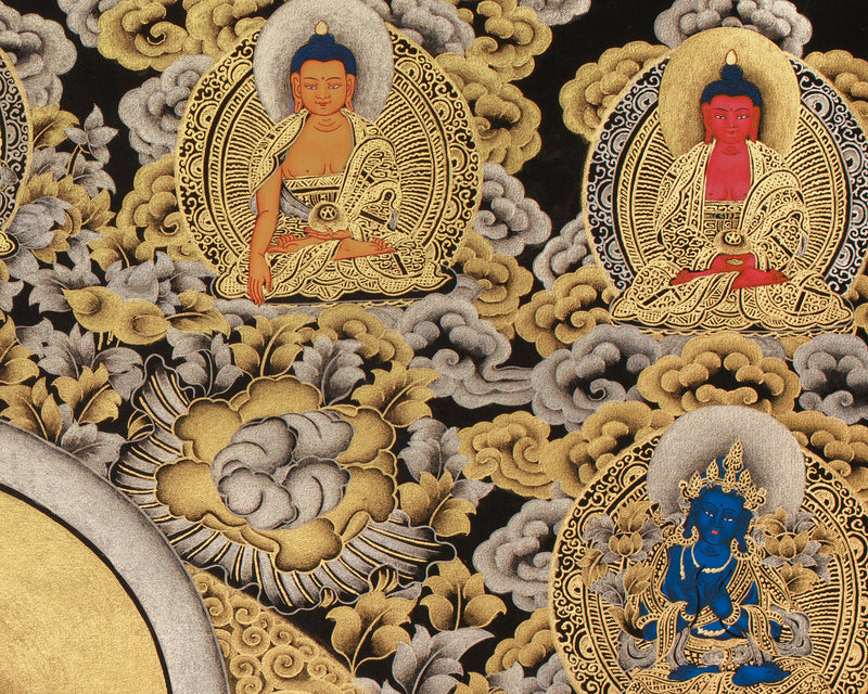 Exquisite Vaishravana, Guardian of the North Thangka | 24K Gold Embellished Art on Black Canvas