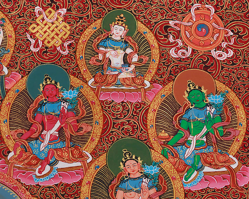 Divine Twenty-One Taras Thangka | The Compassionate Goddess & Her Emanations