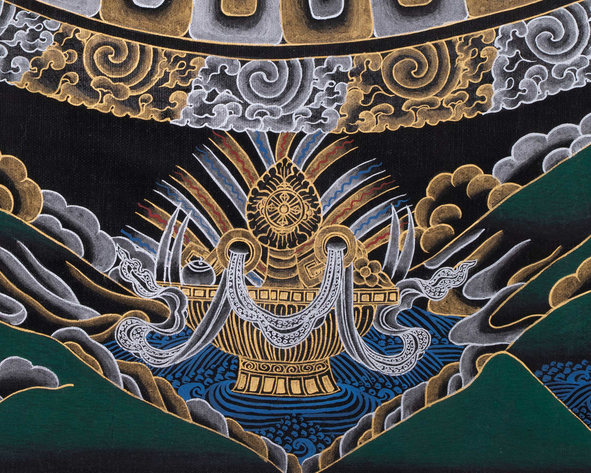 Original Hand Painted Black And Gold Style Chengrezig Mandala Thangka | Tibetan Buddhist Meditation And Yoga Art |