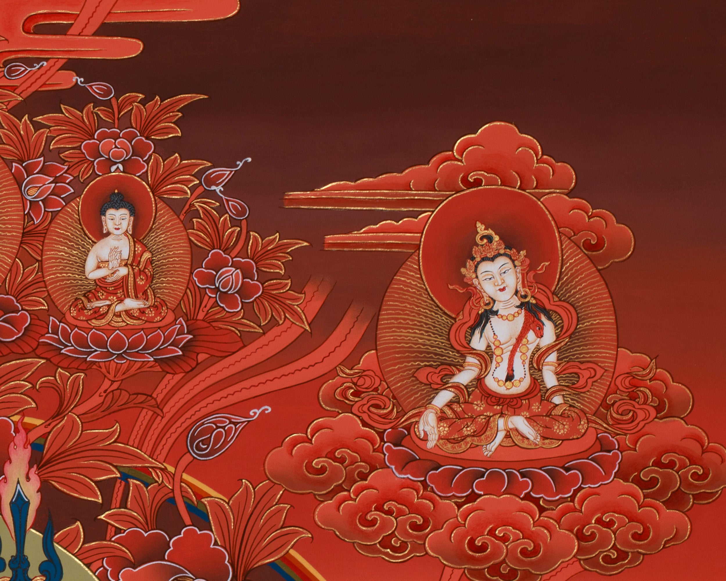 Peaceful Guru Tsokye Dorje | Red Hues Tibetan Artwork