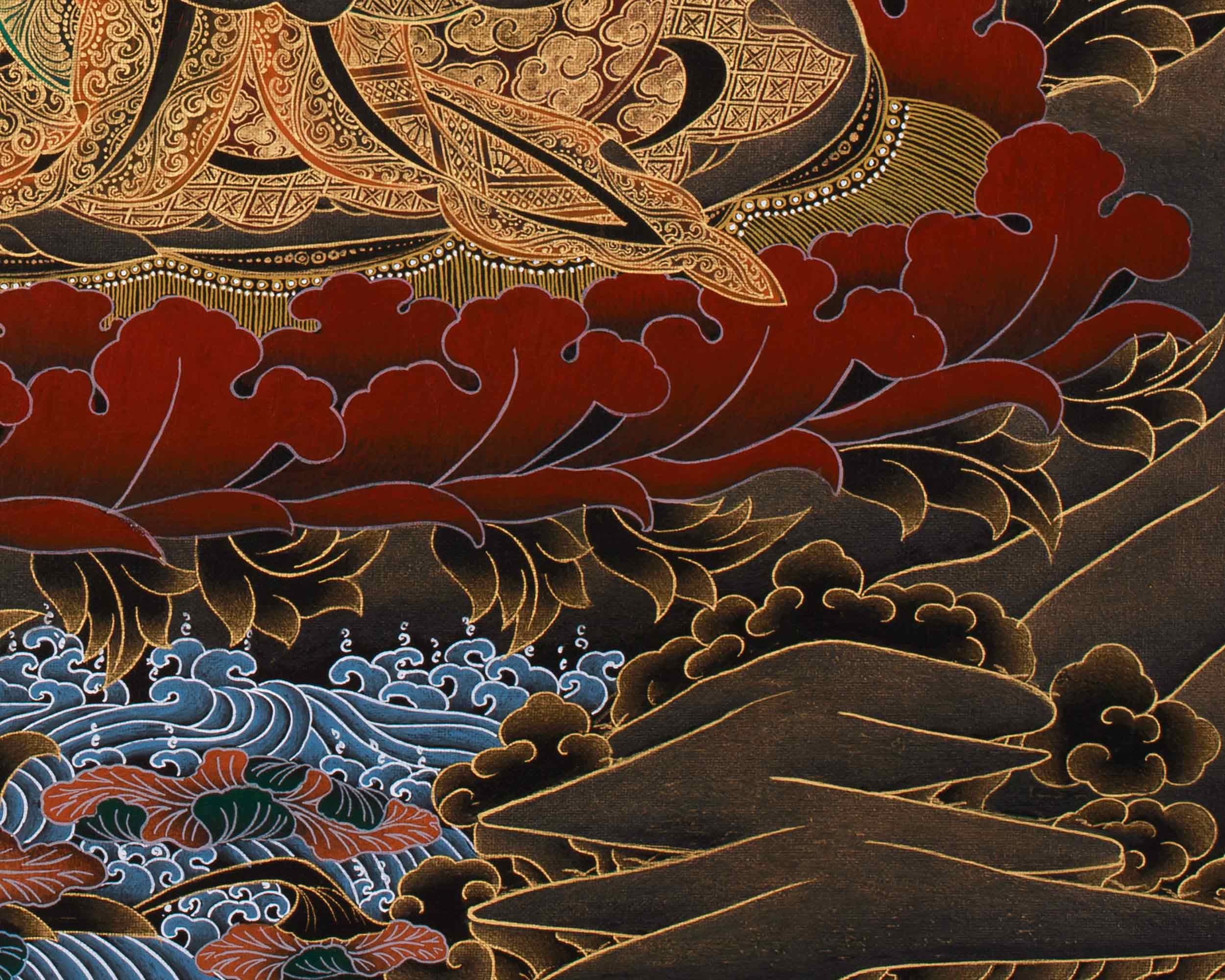 Guru Tsokyé Dorje Thangka | Masterful Gold Detailing on Black Canvas