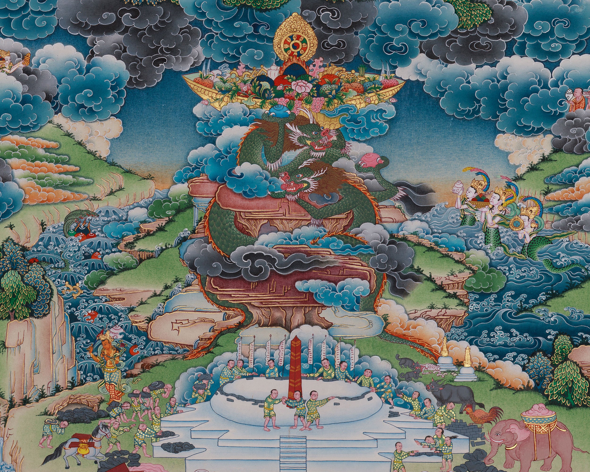 Five Buddha and  Boudha Stupa Thangka, Tibetan Meditation Wall Art