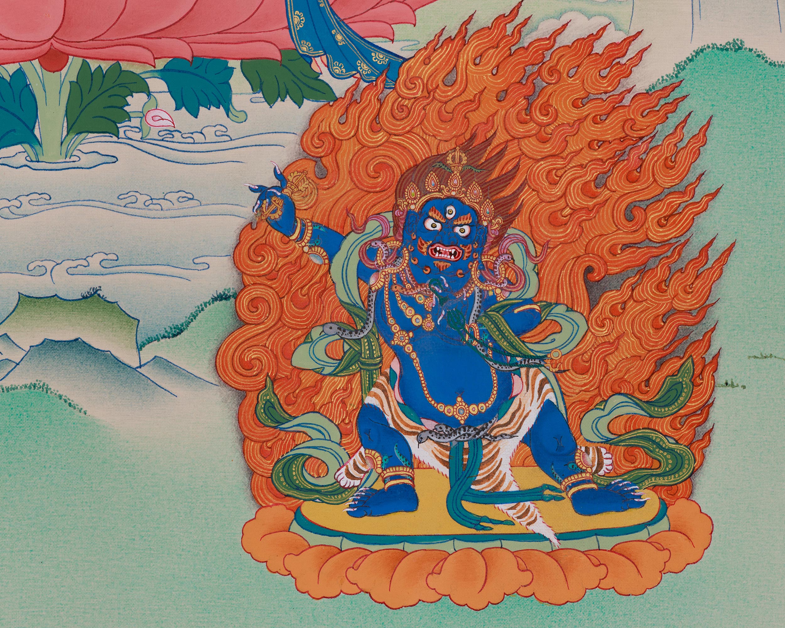 Manjushri with Chenrezig and Vajrapani Thangka | The Divine Triad of Wisdom, Compassion, and Protection