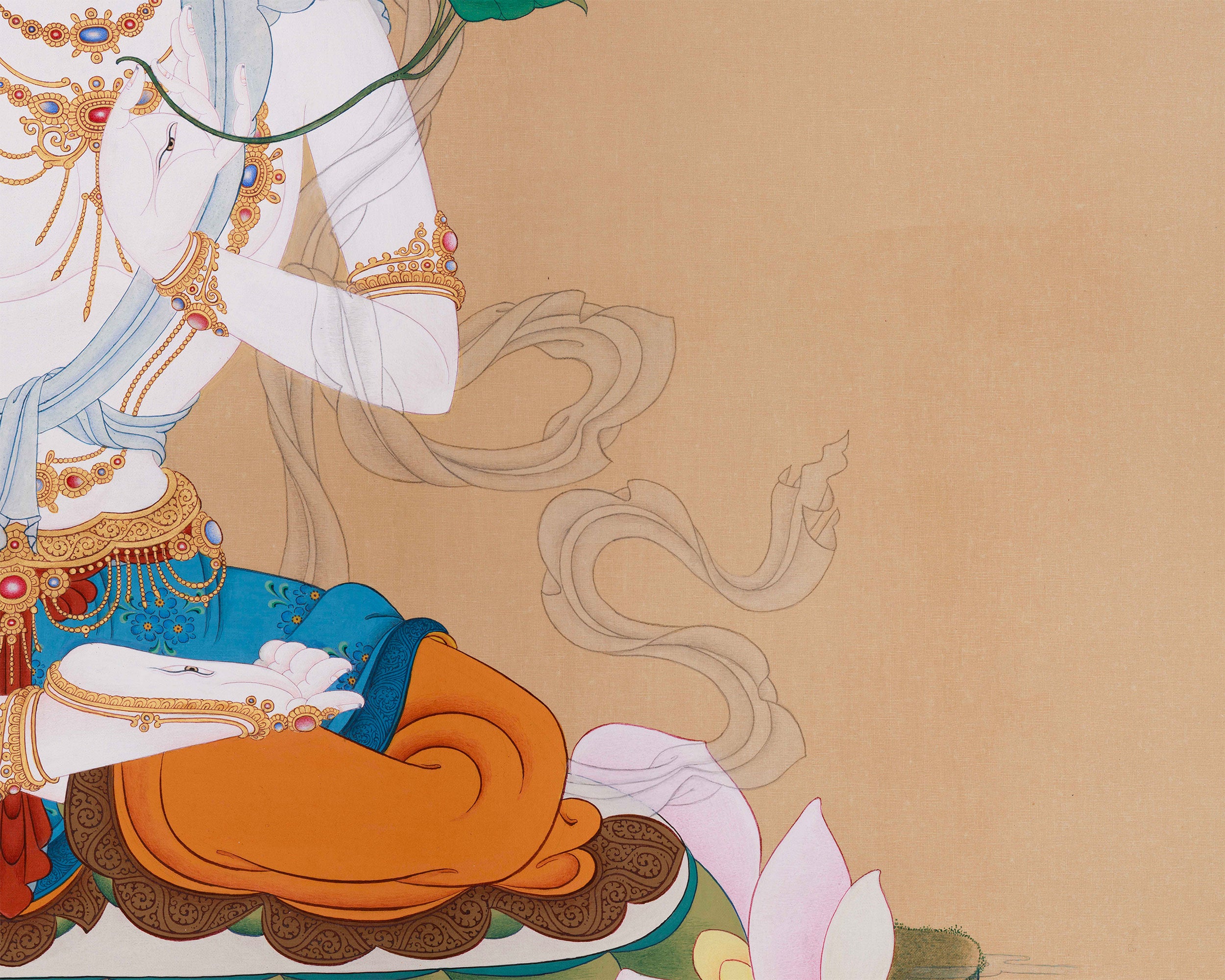 Original Tibetan Buddhist Goddess White Tara Painting | Graceful Deity with Lotus Blossom