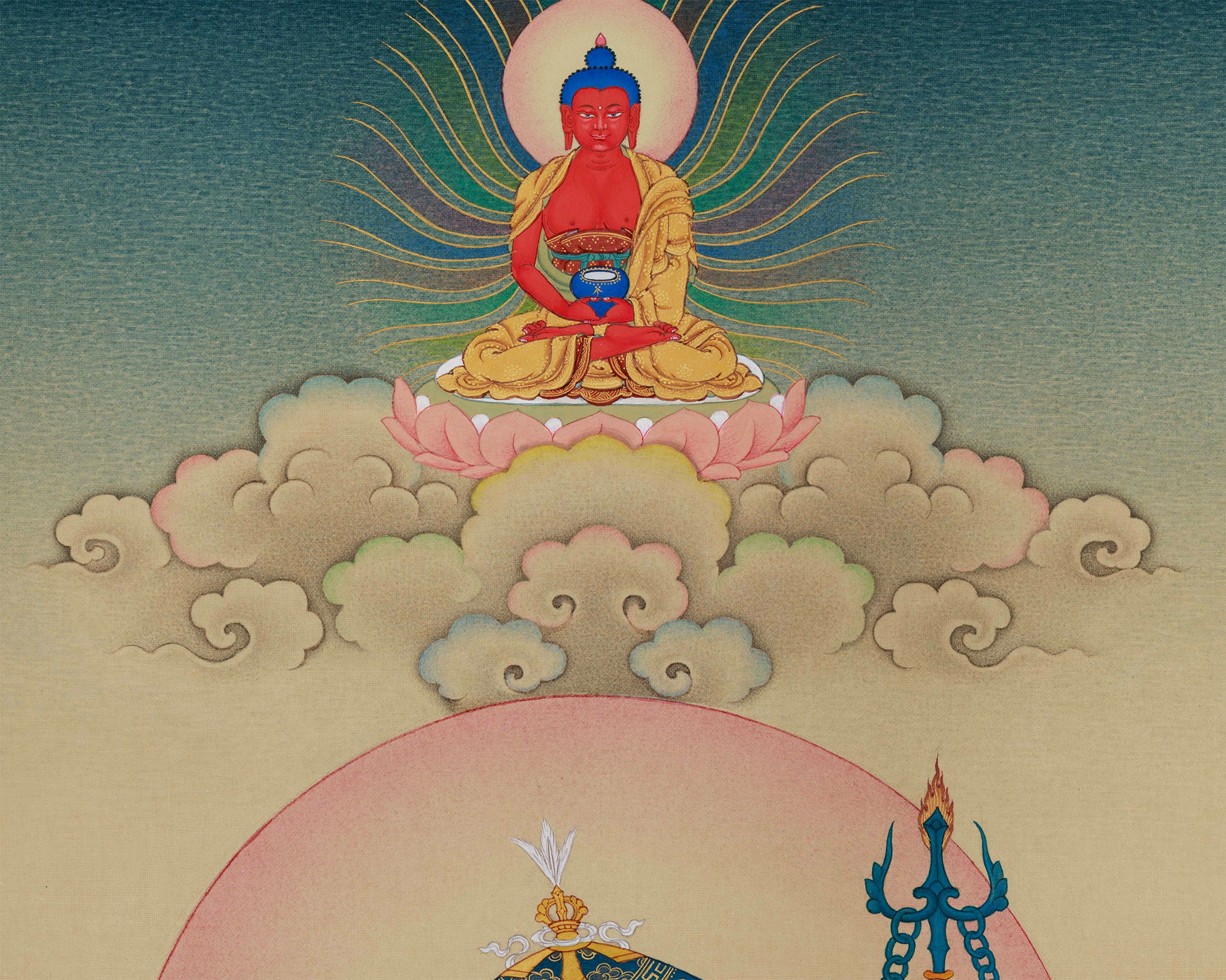 Spiritual Masterpiece, Enlightened Padmasambhava Thangka | Mandarava & Yeshe Tsogyal