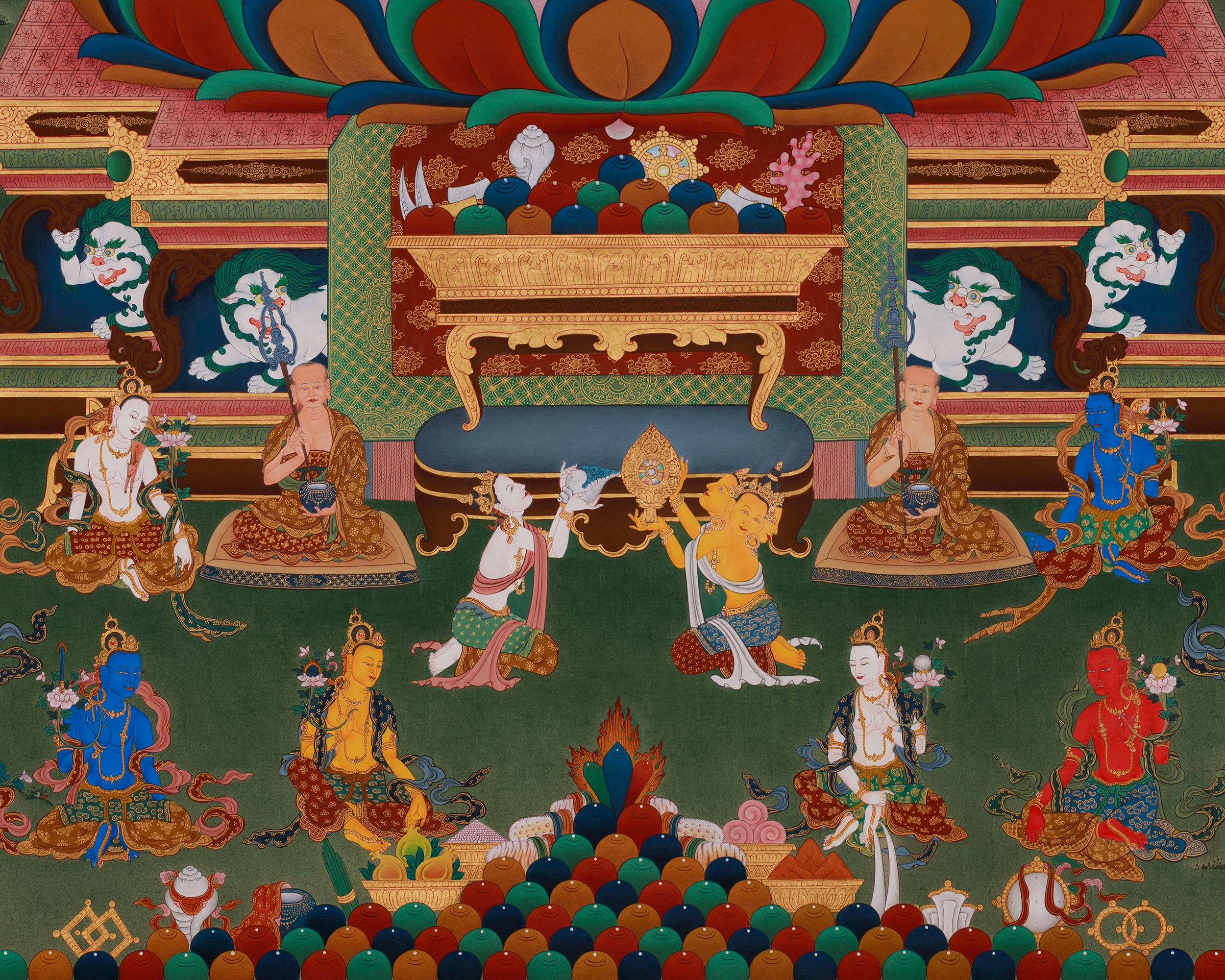 Tibetan Shakyamuni Buddha With 16 Arhat Thangka | Representation of Compassion, and Enlightenment